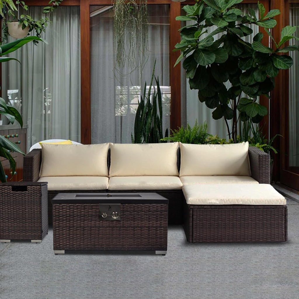 32'' Propane Fire Pit Table, Marble Textured Ceramic Tabletop, 50,000 BTU Fire Table with Brown Wicker, Mix Color Glass Rocks, Including Lid&Cover, Rectangle, Tank Required to Be Kept Outside