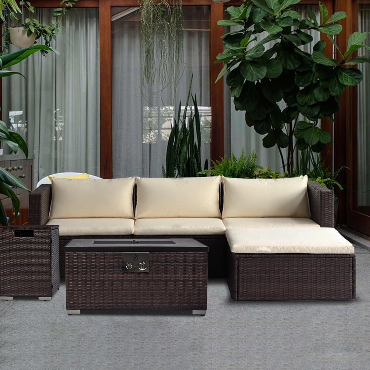 32'' Propane Fire Pit Table, Marble Textured Ceramic Tabletop, 50,000 BTU Fire Table with Brown Wicker, Mix Color Glass Rocks, Including Lid&Cover, Rectangle, Tank Required to Be Kept Outside