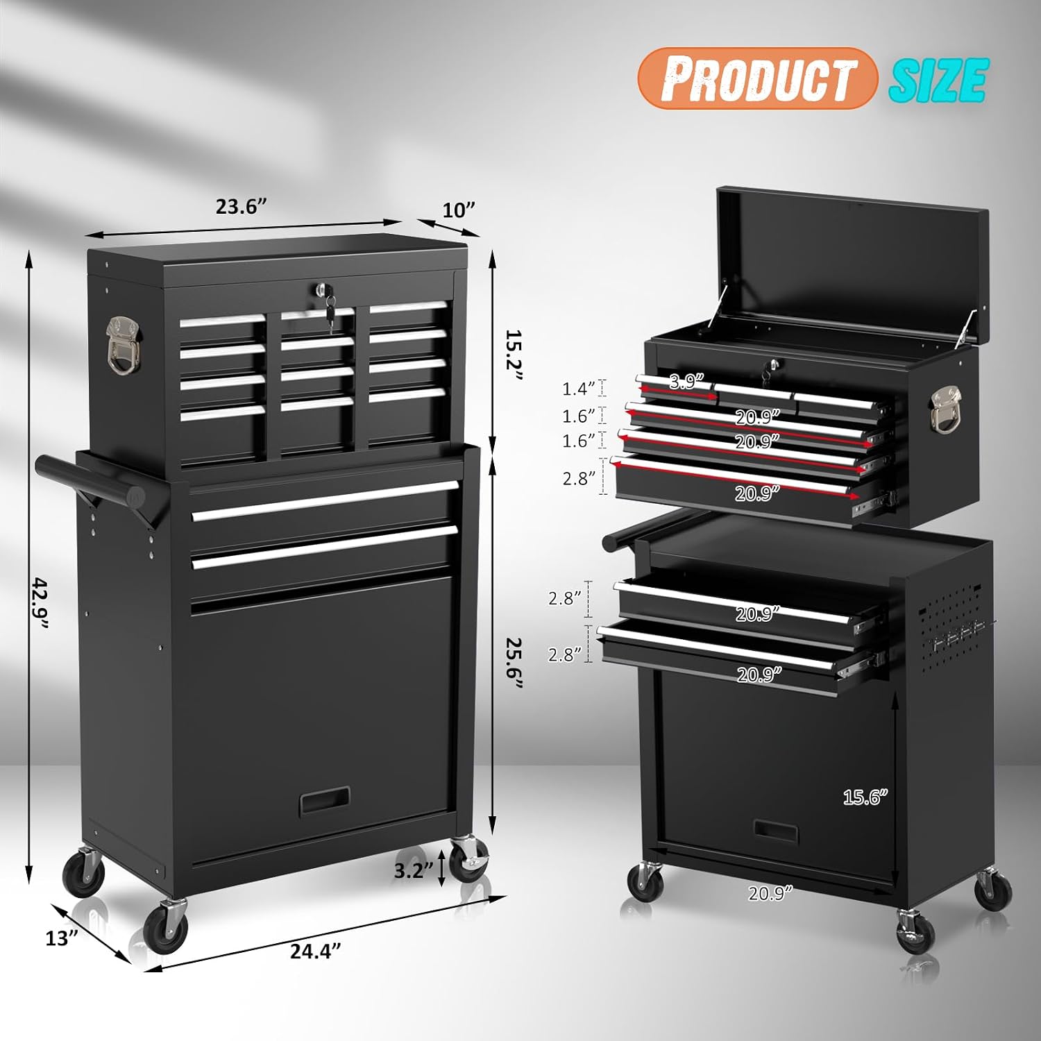 8-Drawer Rolling Tool Chest with Wheels, 2-in-1 Detachable Tool Box with Drawers and Large Cabinet, Rolling Tool Chest Storage Cabinet with Lockable for Warehouse, Garage, Workshop (Black)