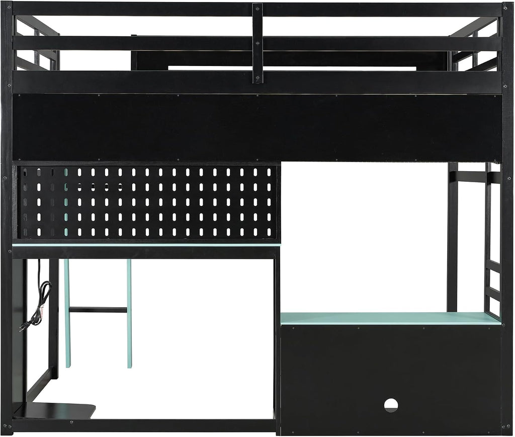 Harper & Bright Designs Full Size Wood Gaming Loft Bed with Desk and Storage Shelves, Modern Low Loft Bed Frame with LED Lights, USB Ports and Pegboard for Kids Teens Adults, Black+Blue