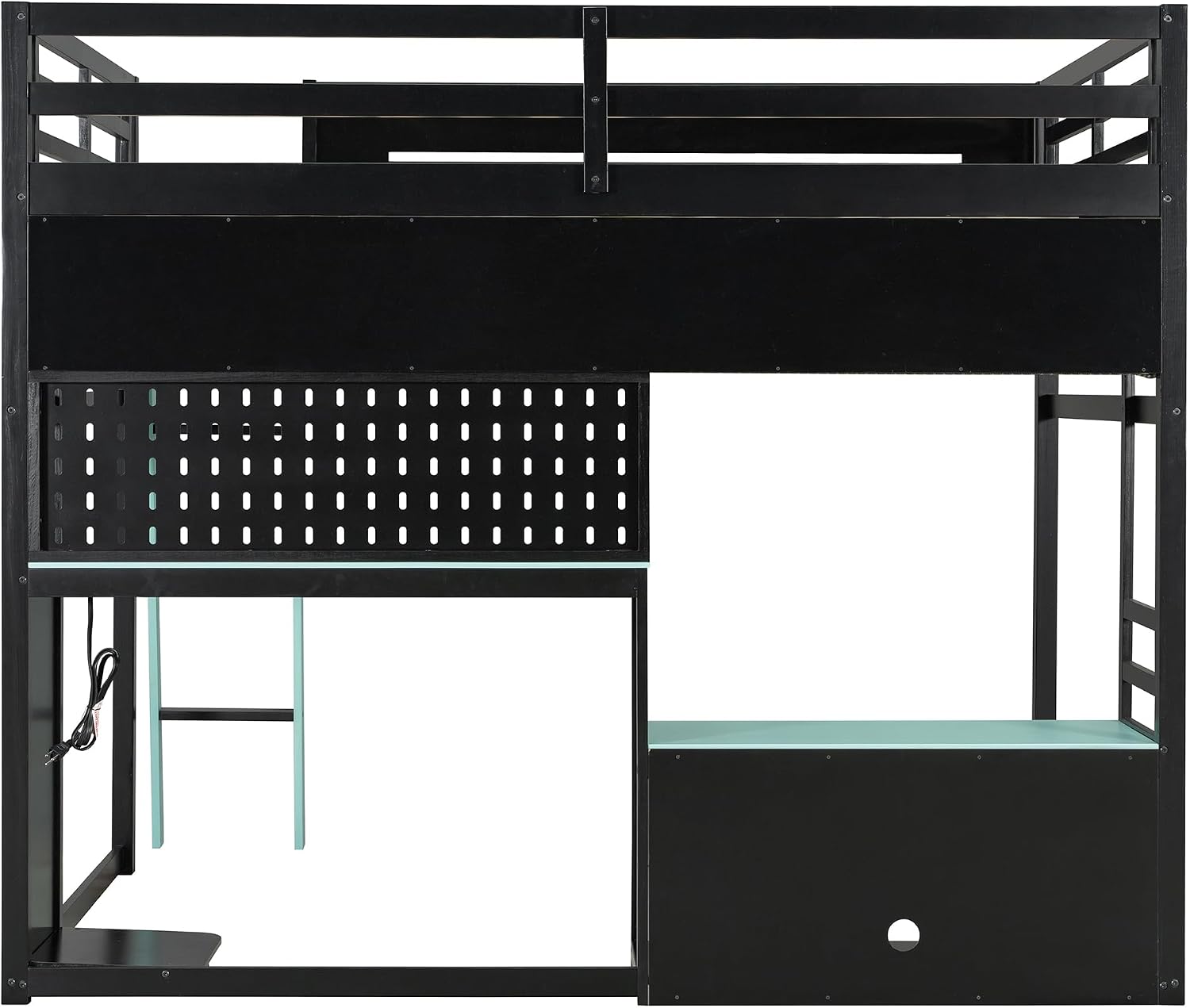 Harper & Bright Designs Full Size Wood Gaming Loft Bed with Desk and Storage Shelves, Modern Low Loft Bed Frame with LED Lights, USB Ports and Pegboard for Kids Teens Adults, Black+Blue