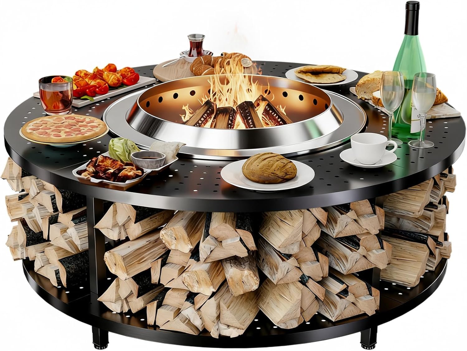 Fire Pit Surround Tabletop for Solo Stove Yukon 1.0 & 2.0, 48' Fire Pit Surround Tabletop with Wood Storage Shelf,Powder-Coated Steel Surround Tabletop with Extra Space
