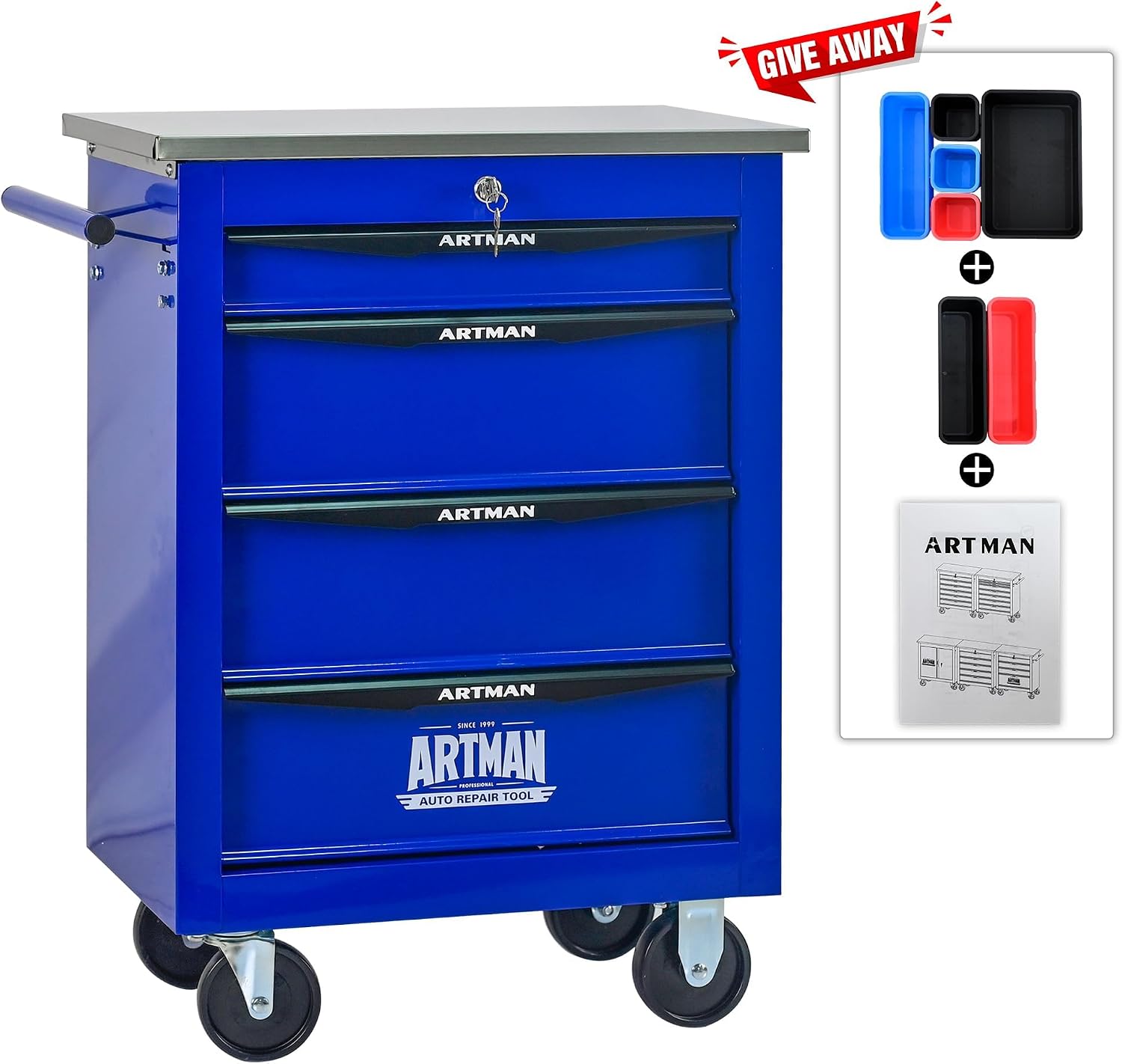 4-Drawer Heavy-Duty Rolling Tool Chest with Wheels & Steel Roof, Lockable Tool Chest Storage Cabinet for Garage, Workshop, Warehouse, and Repair Shop