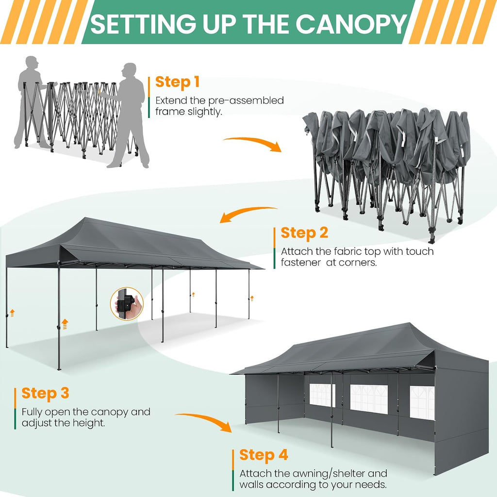 COBIZI 10x30 Pop Up Canopy Tent with Awning & Sidewalls, Heavy Duty Commercial 10X30 Canopy Tents Instant Waterproof, UPF 50+ Sun Shade for Outdoor, Parties, Markets (Gray)