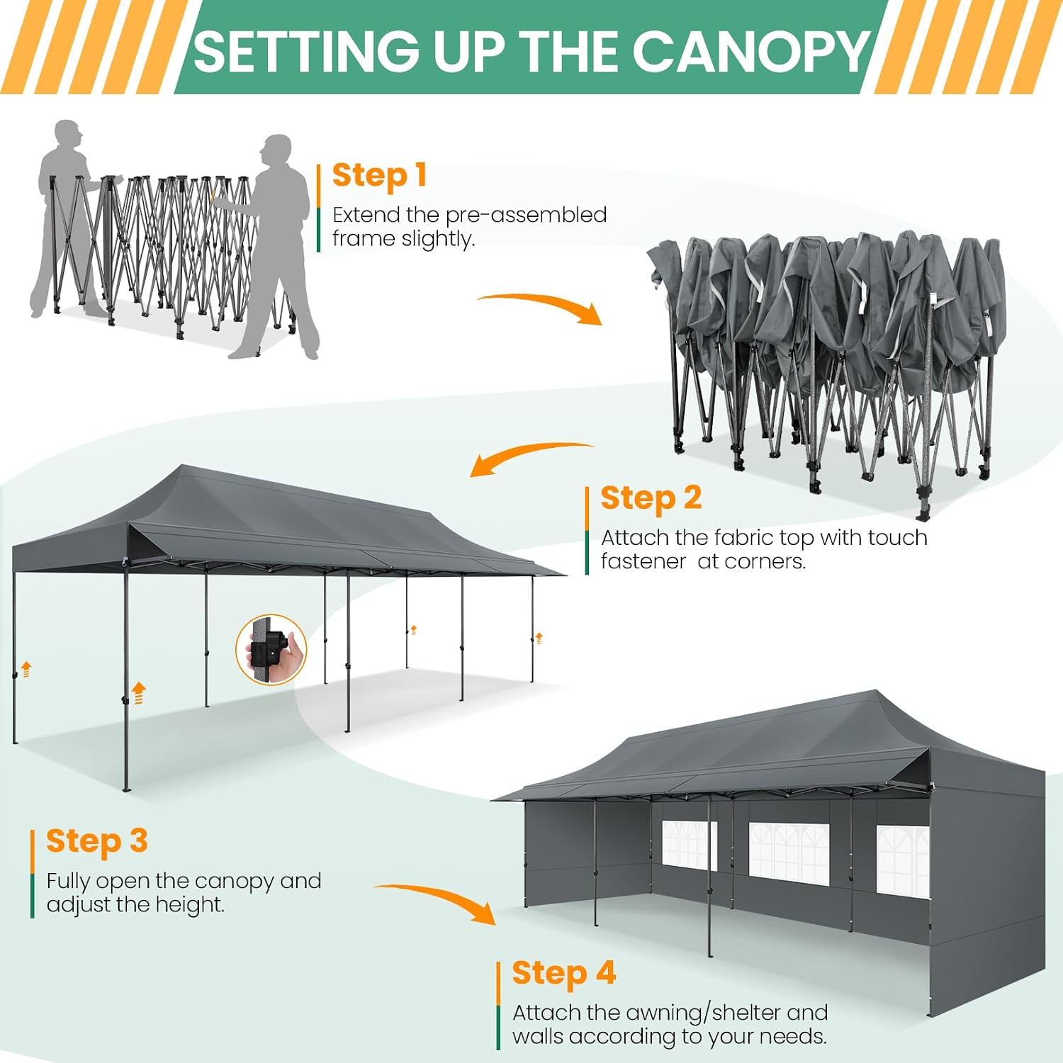 COBIZI 10x30 Pop Up Canopy Tent with Awning & Sidewalls, Heavy Duty Commercial 10X30 Canopy Tents Instant Waterproof, UPF 50+ Sun Shade for Outdoor, Parties, Markets (Gray)