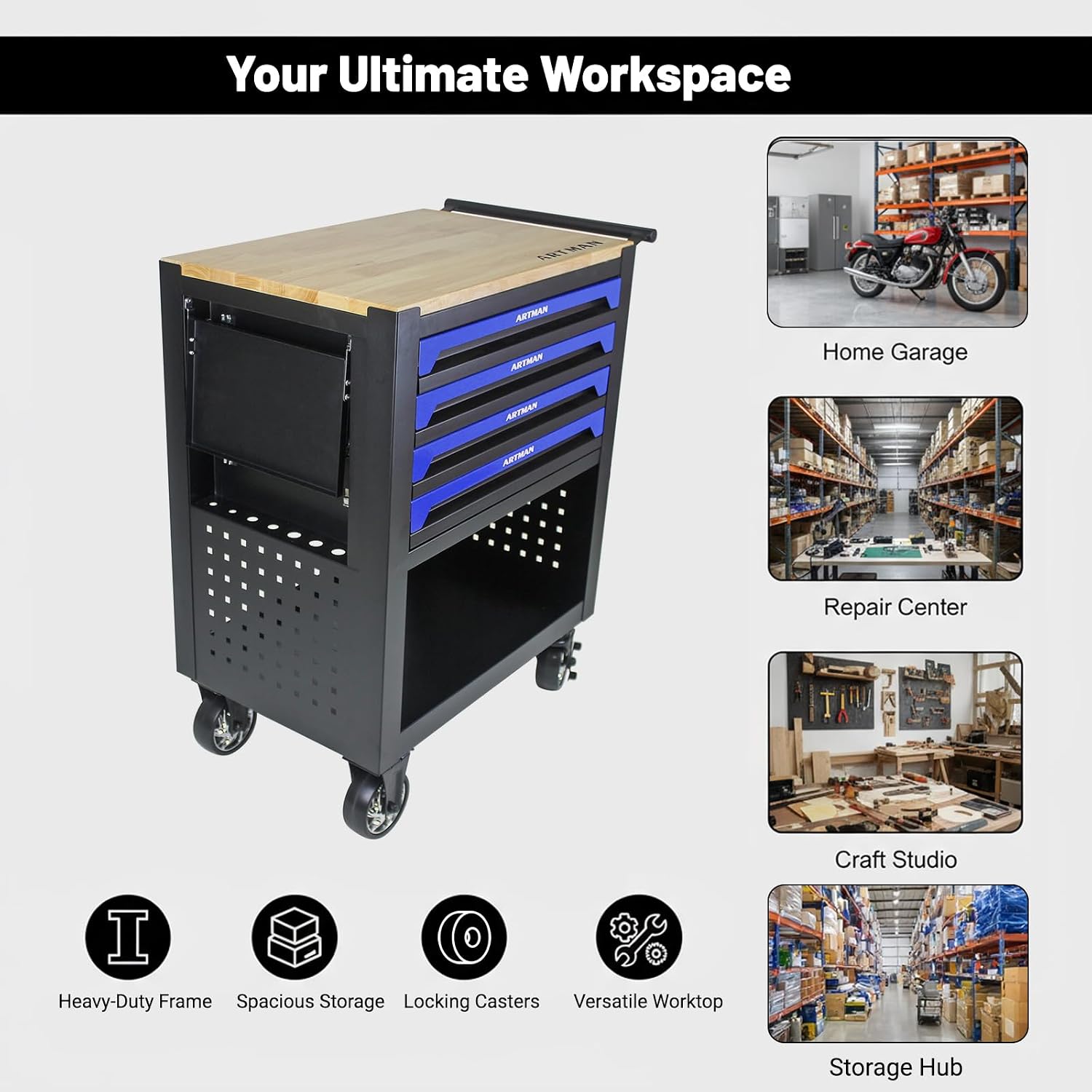 JOYBASE Rolling Tool Chest with 4 Drawers & Wood Top, Heavy Duty Steel Tool Cart on Wheels, Mobile Garage Organizer & Storage Cabinet for Workshop & Mechanic (Black & Blue)