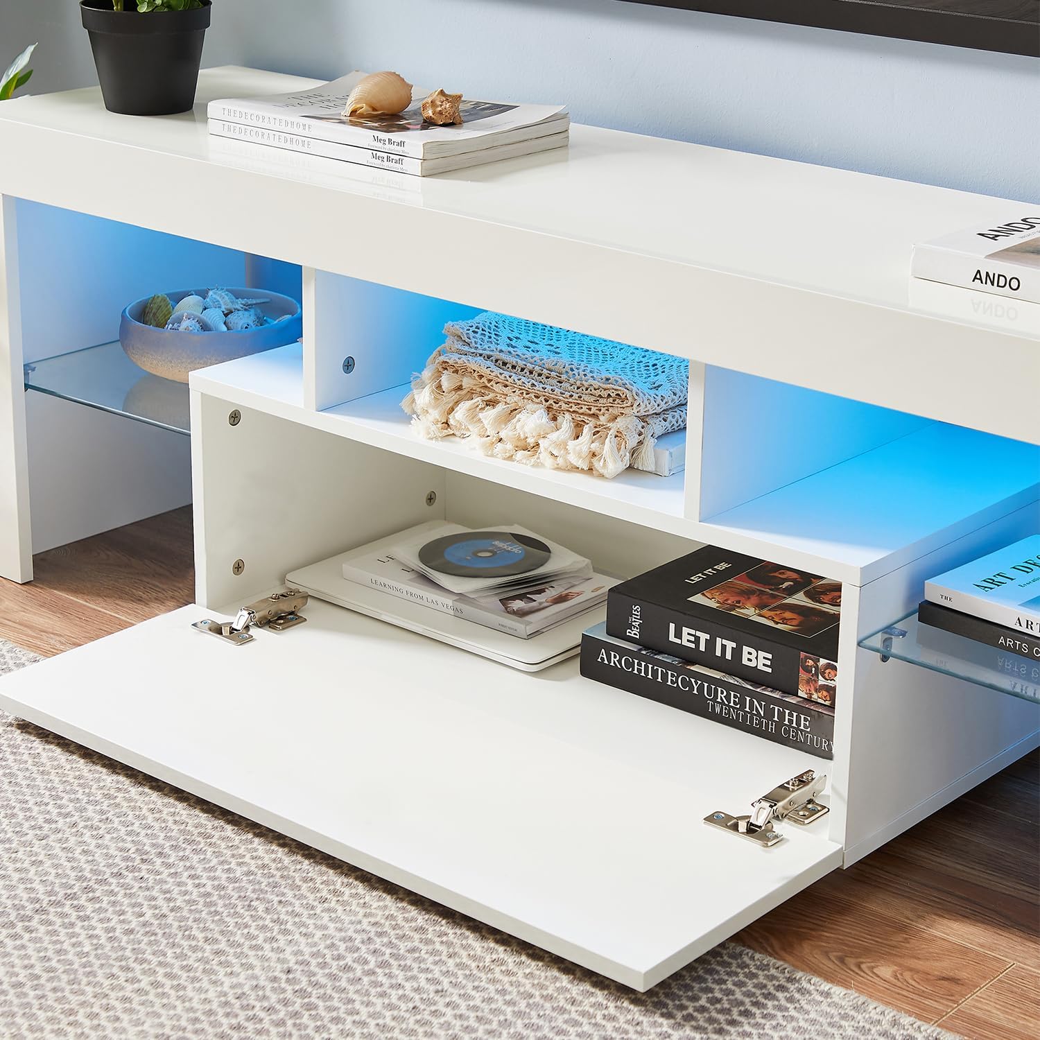 HOUAGI LED TV Stand for 32-55 Inch TV,Modern High Gloss Entertainment Center w/Storage Drawer and Color Changing Lights Video Gaming,Movies,Home Decor White-2