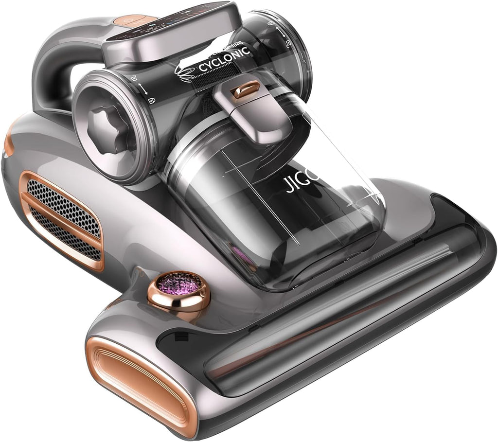 JIGOO T600 Bed Vacuum Cleaner with UV-C Light, 15Kpa Suction 700W Powerful Double Cup Handheld Vacuums, Mattress Vacuum Cleaner with Smart Dust Sensor, Ultrasonic & Heating Tech, HEPA Filter - Corded