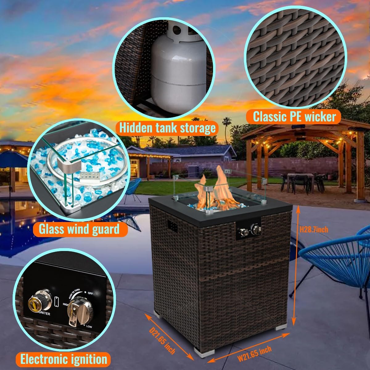 22in Outdoor Propane Gas Fire Pit Table, 40,000 BTU Auto-Ignition Gas Firepit with Glass Wind Guard, Painted Steel Tabletop, Mixed Color Glass Rocks, Brown PE Rattan