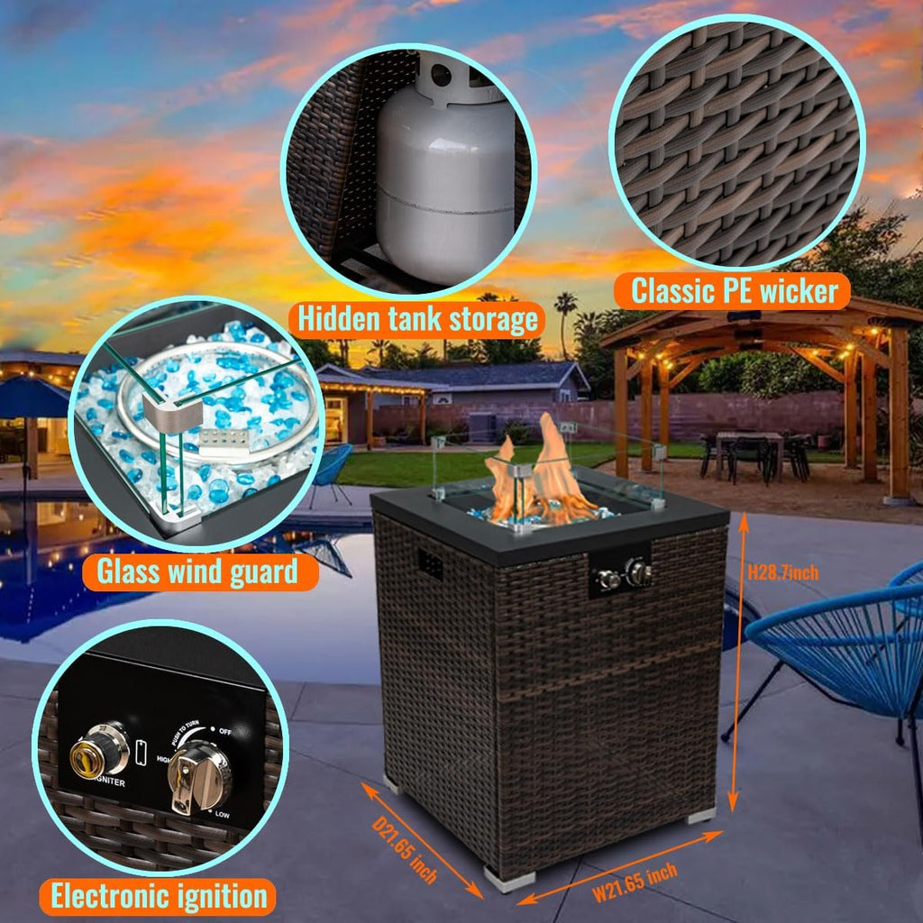 22in Outdoor Propane Gas Fire Pit Table, 40,000 BTU Auto-Ignition Gas Firepit with Glass Wind Guard, Painted Steel Tabletop, Mixed Color Glass Rocks, Brown PE Rattan