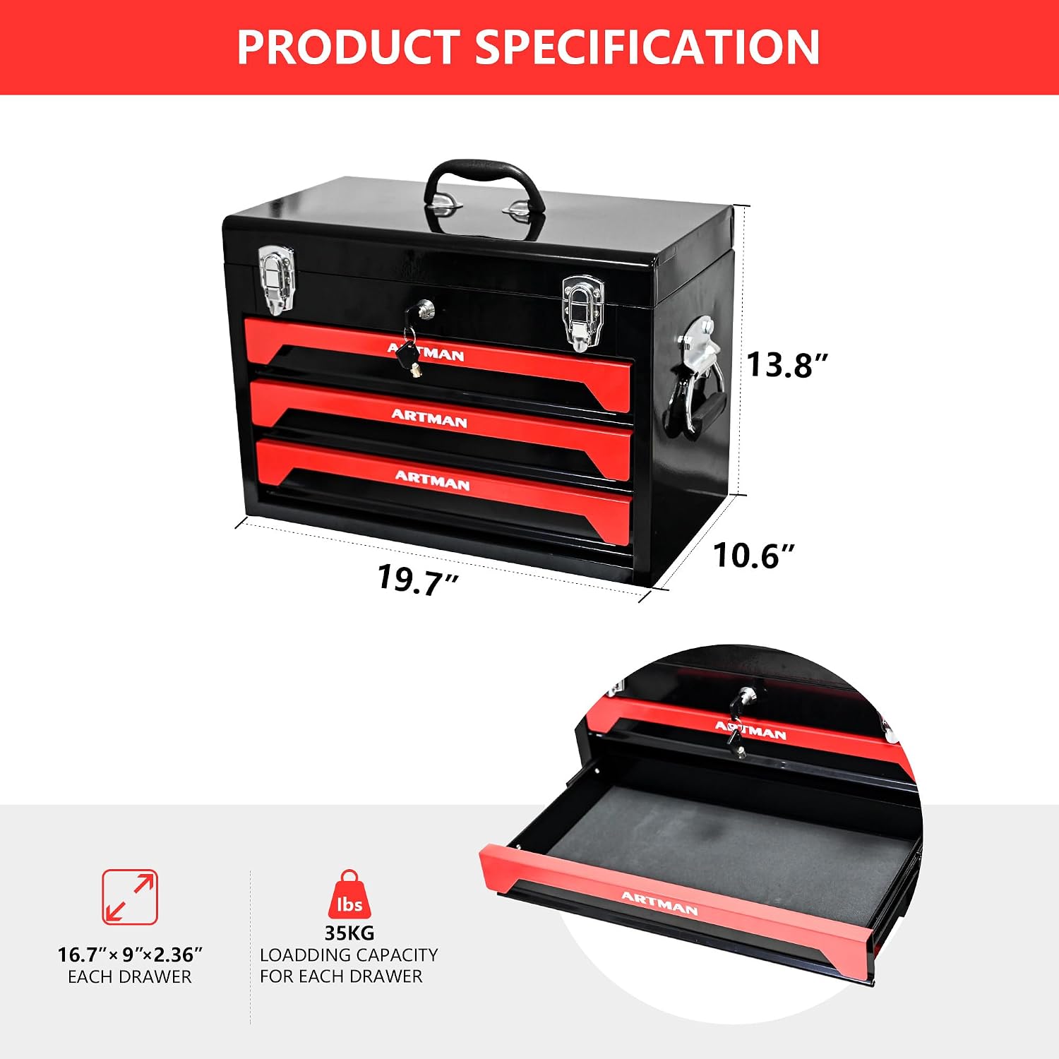 20' Portable 3 Drawer Steel Toolbox,Built in Tool Set,4 Layers of Tools with Metal Latches, with Top Storage Tray and carrying Handle, Multi-Function Tool Storage for Garage, Home,or Workbench