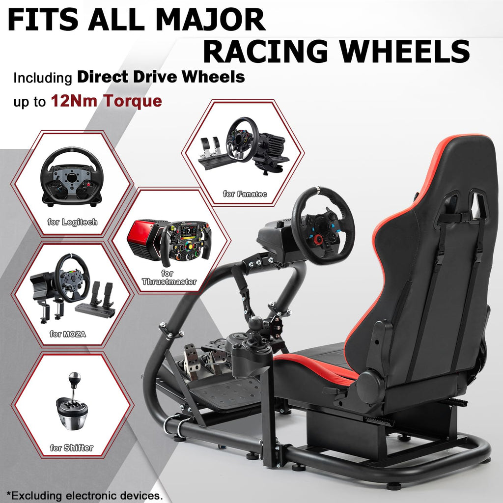 Marada Racing Sim Cockpit Stand with comfortable Seat Fit for Logitech G27 G923 G920,for Thrustmaster, Large Round Tube&Adjustable Professional Driving Race Mount,Wheel Pedal Handbrake Not Included