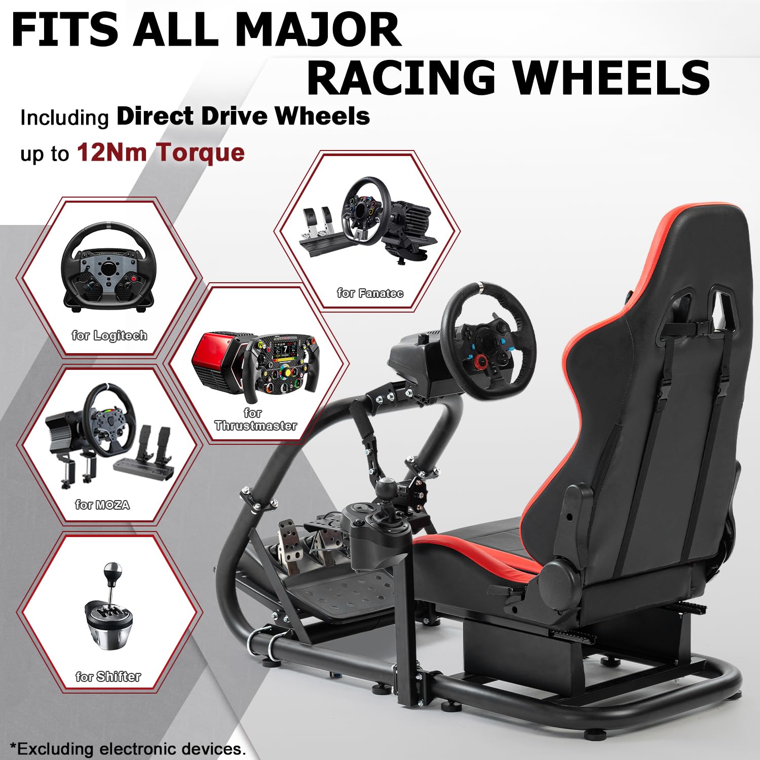 Marada Racing Sim Cockpit Stand with comfortable Seat Fit for Logitech G27 G923 G920,for Thrustmaster, Large Round Tube&Adjustable Professional Driving Race Mount,Wheel Pedal Handbrake Not Included