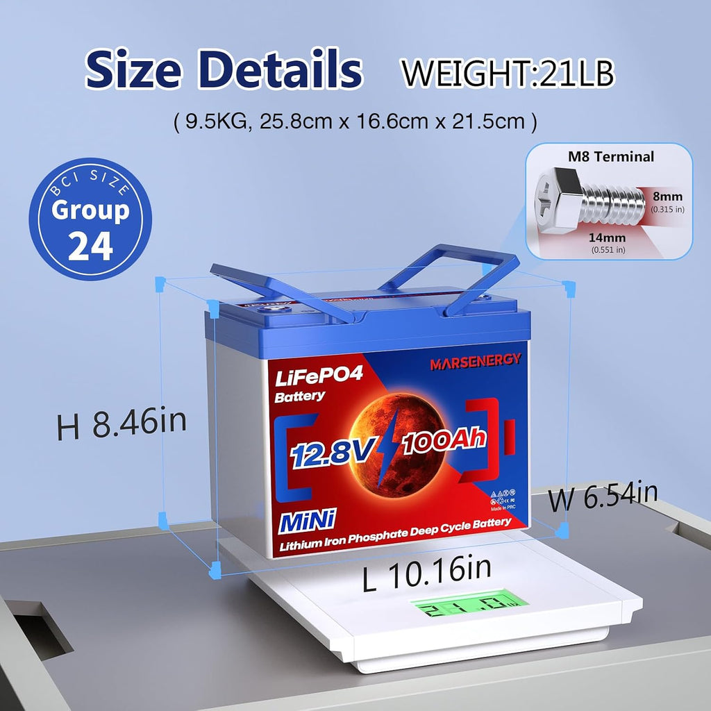12V 100Ah Lifepo4 Battery, Bci Group 24 Size, Built-In 100A Smart BMS, 4500-15000 Deep Cycle Grade A Lithium Cells For RV Travel, Trolling Motor, Marine, Boat, Solar Panel, Off Grid,Camping