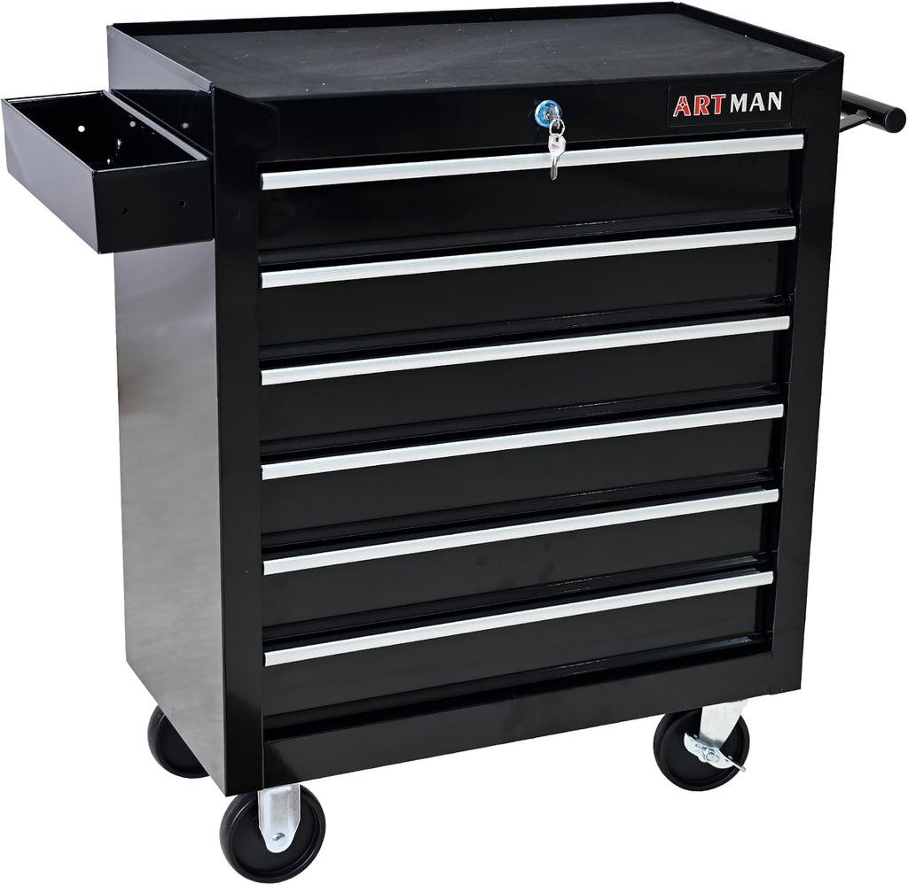 Aokleo 6 Drawers Tool Cart on Wheels, 6 Drawer Rolling Tool Chest with Key Lock, Trolley Organizer Tool Case, Multifunctional Rolling Tool Box for Garage,Warehouse,Workshop,Repair Shop (Black)