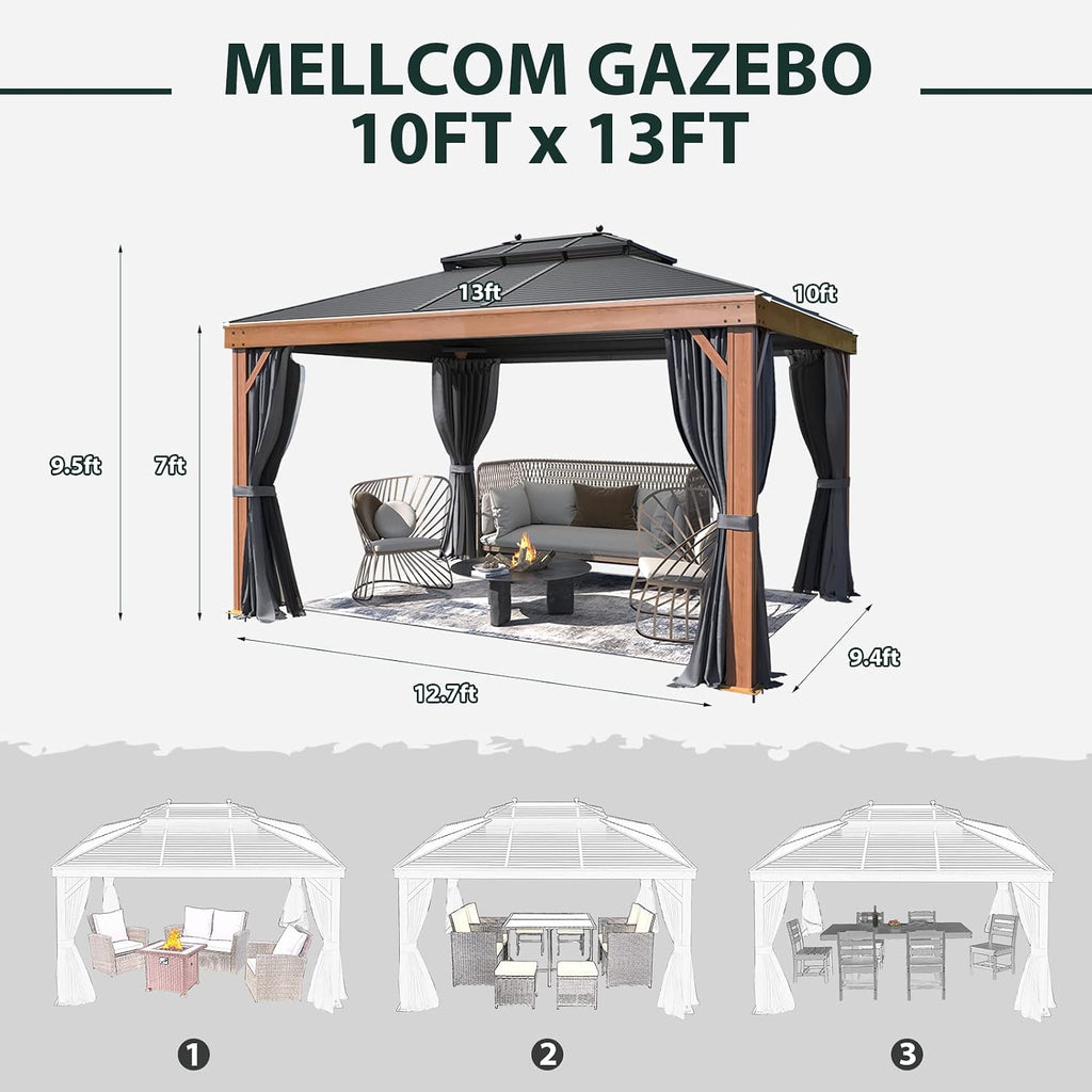 MELLCOM 10'x13' Gazebo, Wood Grain Aluminum Frame Canopy with Double Galvanized Steel Hardtop Roof, Outdoor Permanent Metal Pavilion with Curtains and Nettings for Patio,Backyard and Deck