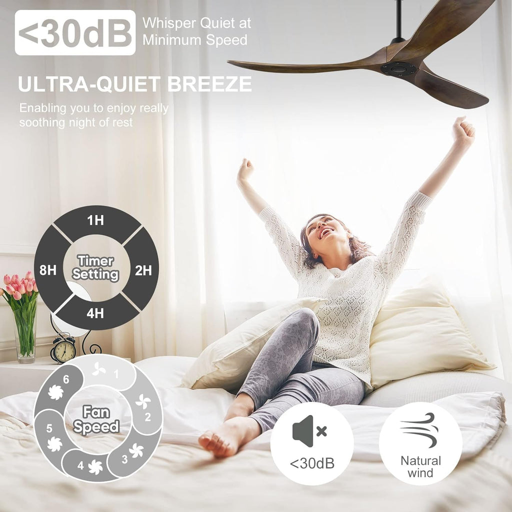 52 Inch Wood Ceiling Fan no Light, Indoor Outdoor Ceiling Fans for Patios without Lights with Remote, 3 Blades Walnut Ceiling Fan with Reversible DC Motor for Farmhouse Gazebo Porch Home