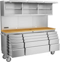 CHETTO C 72-inch Rolling Tool Chest Cabinet Mobile Workbench with 15 Storage Drawers and Wheels 3 Upper Cabinet Outlet SS Pegboard Stainless Steel Tool Box for Garage Warehouse