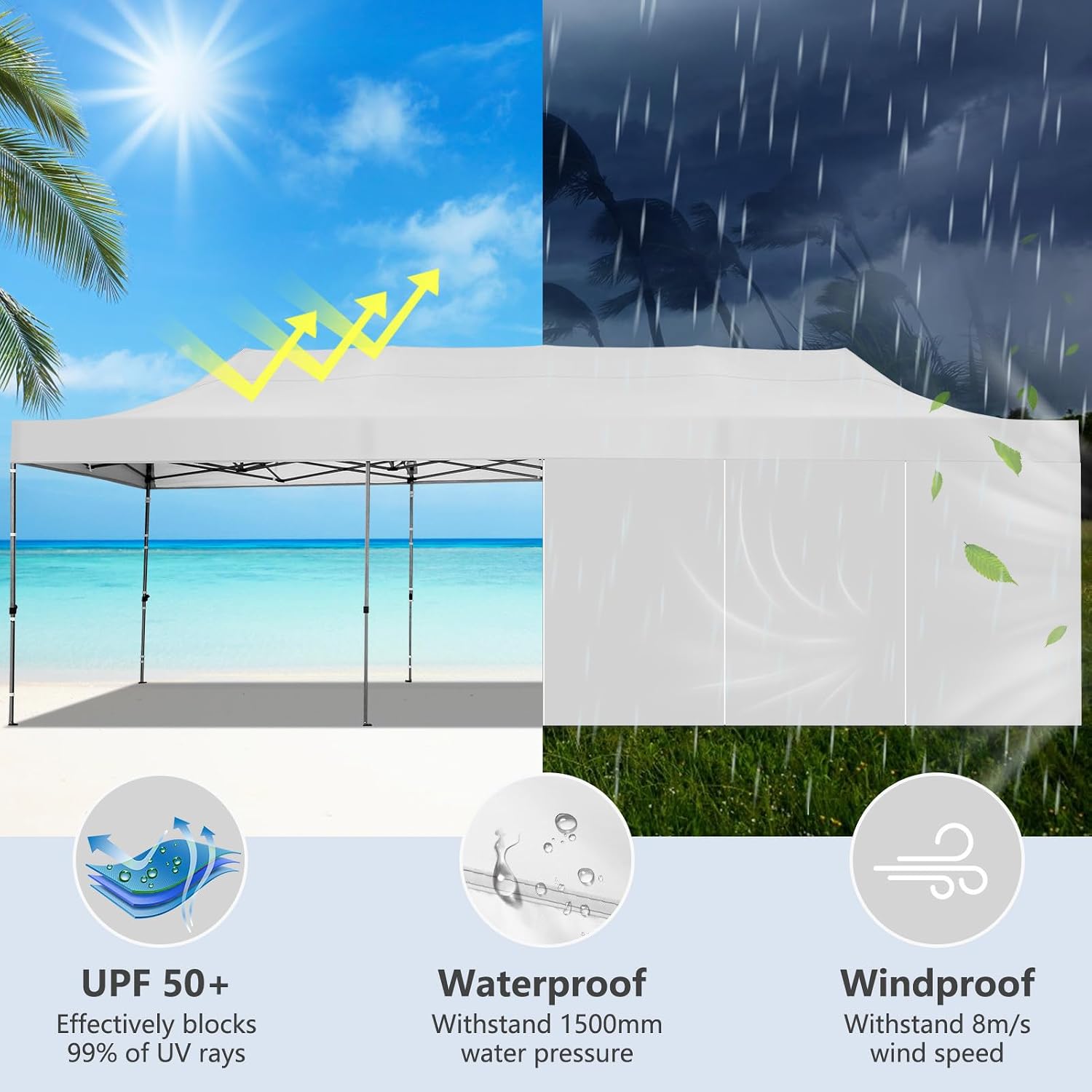 COBIZI 10x30 Heavy Duty Pop Up Canopy Tent with 8 Sidewalls Thicken Frame, Commercial Easy Up Outdoor Wedding Party Tents, All Season Waterproof Windproof with Stakes Sandbags Ropes Roller Bag, Cream