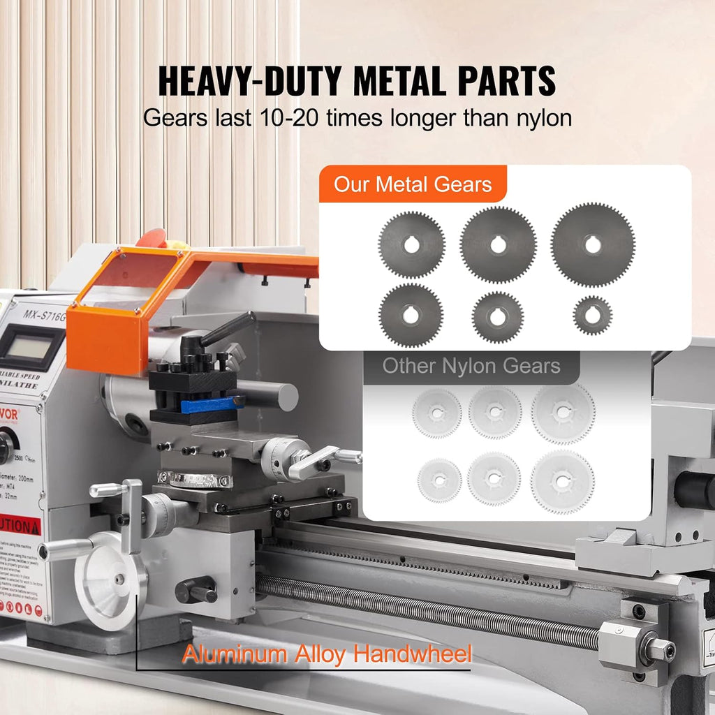 VEVOR 7'' x 16'' Metal Lathe Machine, 800W Precision Benchtop Power Metal Lathe, 150-2500 RPM Continuously Variable Speed, with 3.9'' 3-jaw Metal Chuck Come with Tool Box