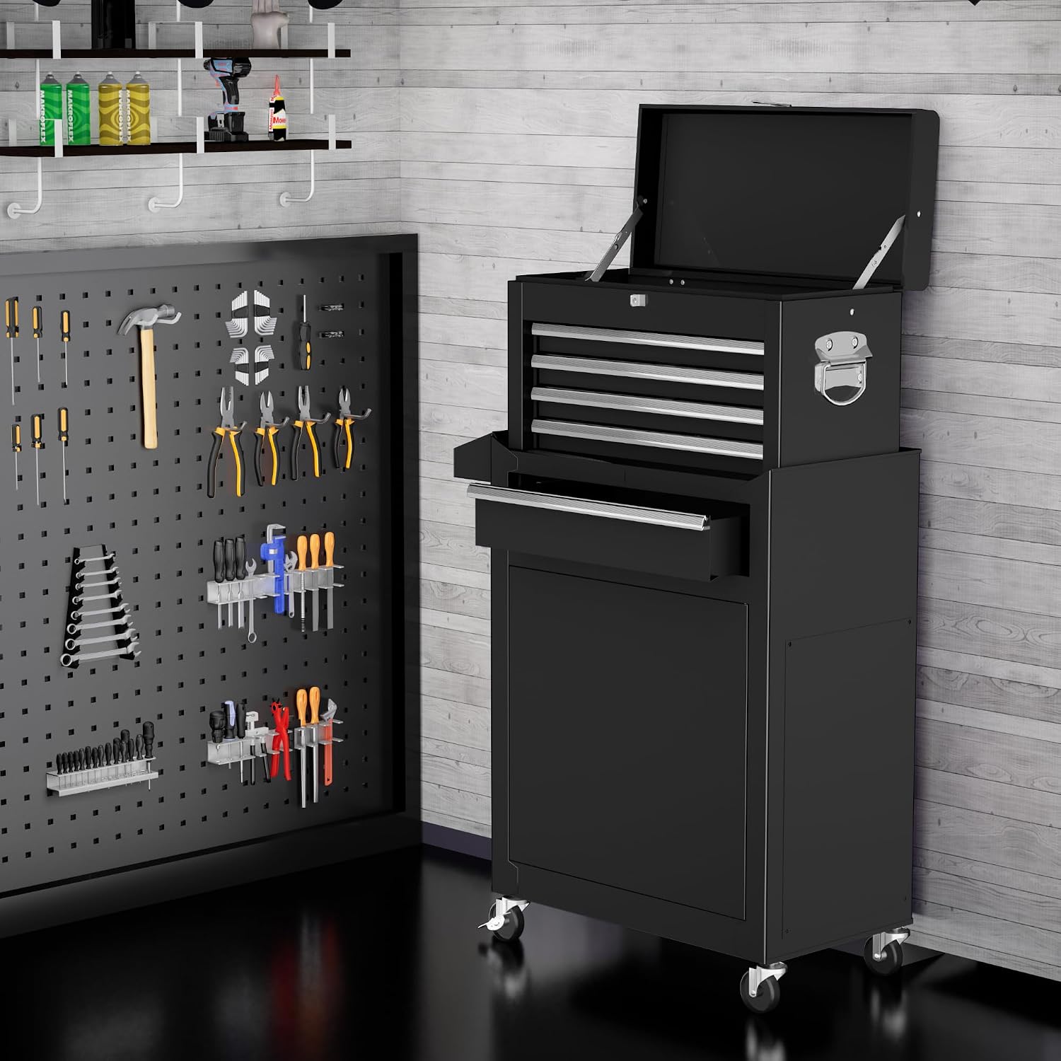 Greenvelly Metal Tool Chest,5-Drawer Black Tool Box with Wheels,2 in 1 Detachable Tool Cabinets with Liners and Locking System for Warehouse, Garage,Workshop, Barbershop