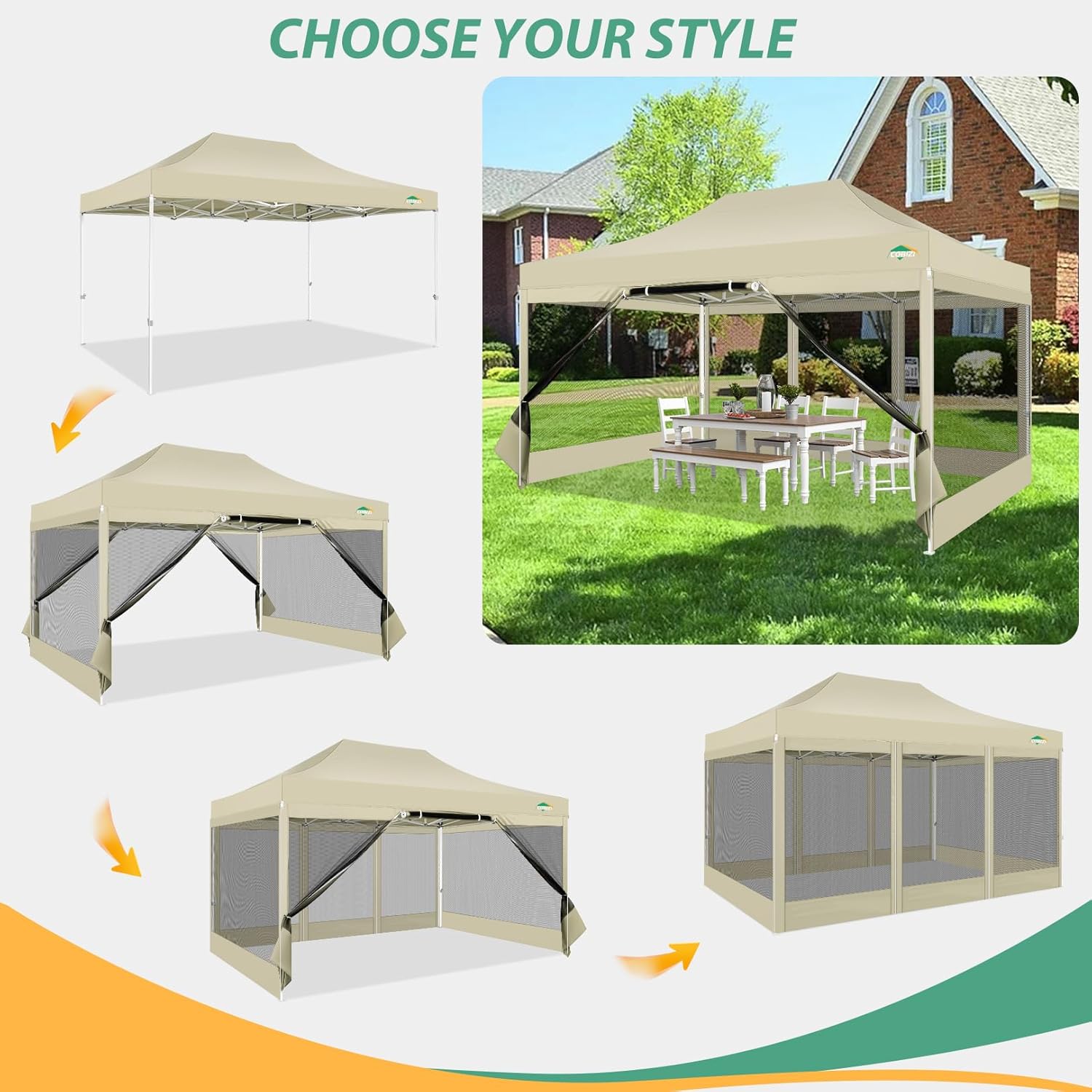 COBIZI 10x15 Heavy Duty Pop up Canopy with 4 Sidewalls, Canopy Tent with Mosquito Netting, Easy up Screen Party Tents for Parties Wedding Patio Backyard Commercial Gazebo with Handbag, Khaki