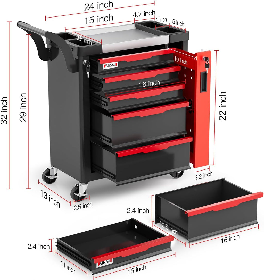 Tool Chest 5-Drawer | Rolling Tool Chest with Wheels/Side Drawer | Drawers Integrated Lockable | Tool Cart/Cabinet with Drawers for Garage Storage,Workshop | Safety Rounded Corner Anti-collision | Red