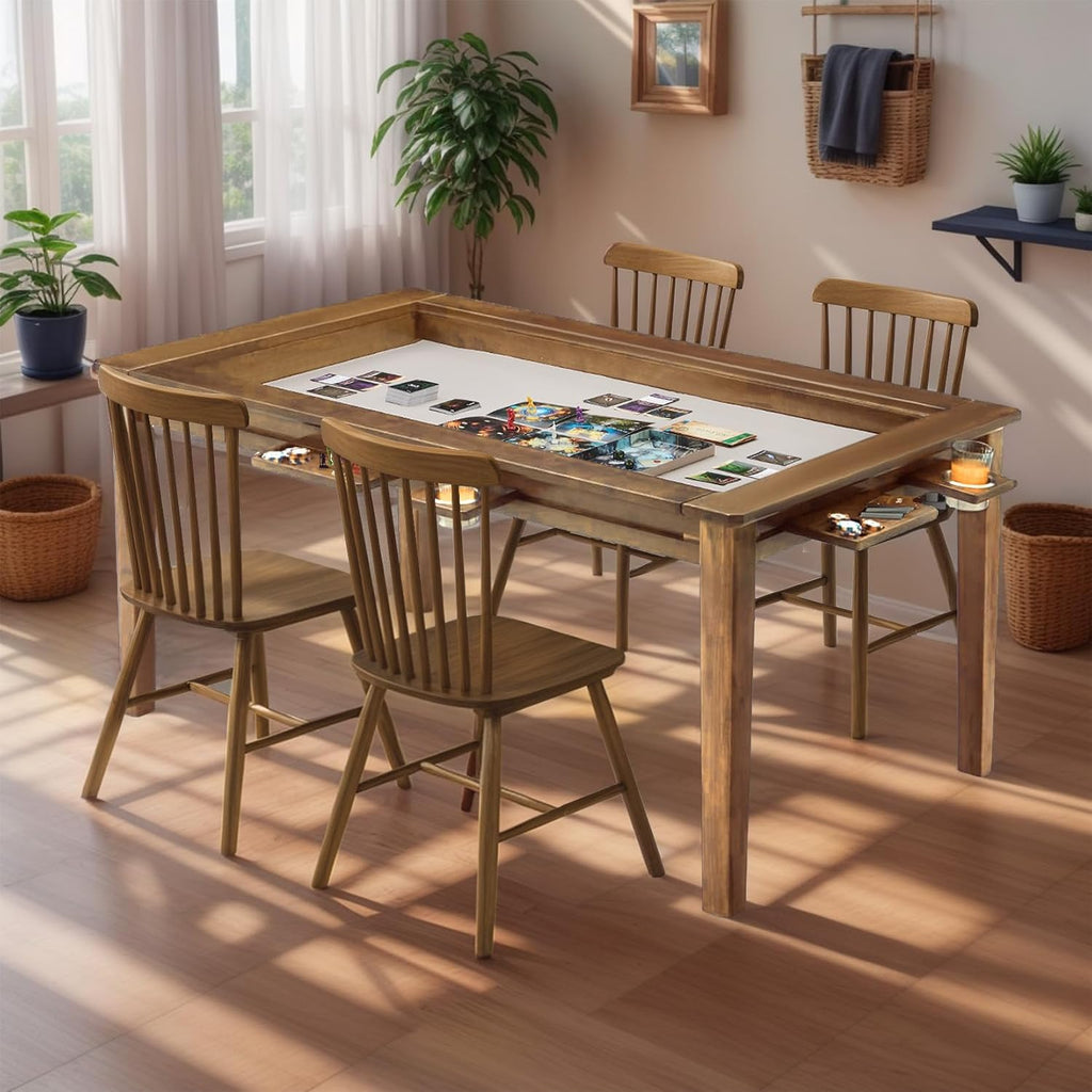 Coperat Solid Wood Board Game Table for 4-6 Players,Dining/Gaming Table w/ 54'x31' Big Gaming Space and Removable Top,Includes Game Mat, 6 Cup Holders & Hobby Tray, Light Walnut