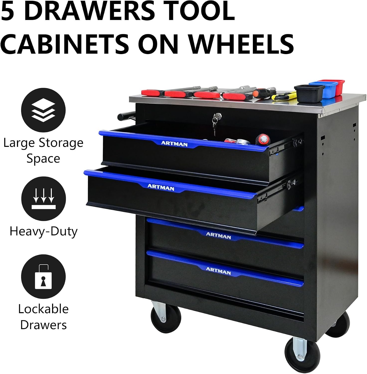 5-Drawer Heavy-Duty Rolling Steel Tool Cart with Handle&Wheels, Metal Storage Organizer Cabinet, Tool Chest for Efficient Tool Storage in Garage, Warehouse, Workshop, Repair Shop, Blue