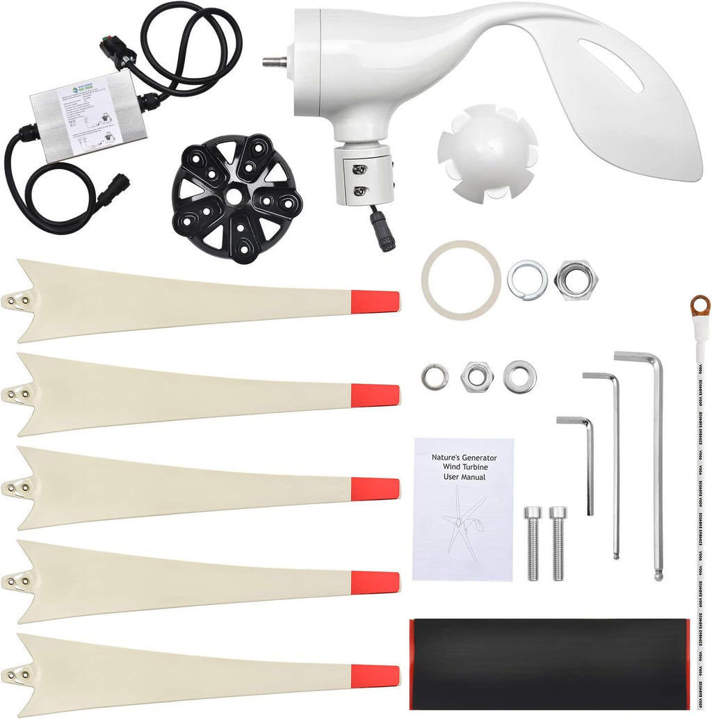 Nature's Generator Wind Turbine Includes 100 Foot 12 AWG Cable, 5 Blades, Controller Box, Land or Marine Use Day and Night