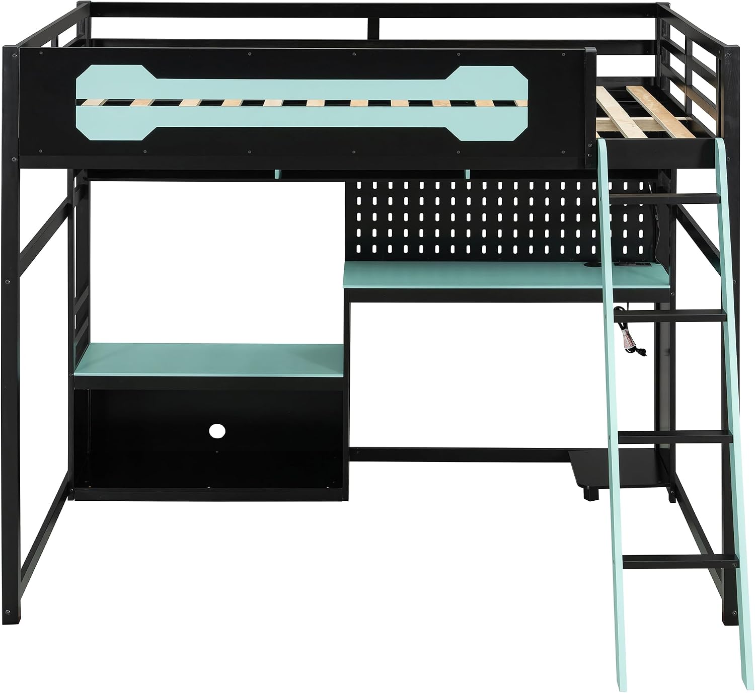 Harper & Bright Designs Full Size Wood Gaming Loft Bed with Desk and Storage Shelves, Modern Low Loft Bed Frame with LED Lights, USB Ports and Pegboard for Kids Teens Adults, Black+Blue