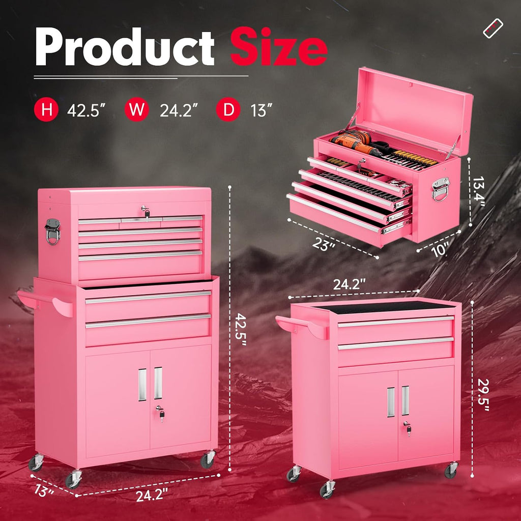 Superday Metal Tool Chest, 8 Drawer Rolling Tool Chest with Wheels, Detachable Tool Storage Cabinet with Lock for Garage, Steel Tool Cart with Liner & Hooks for Workshop, Warehouse (Pink)