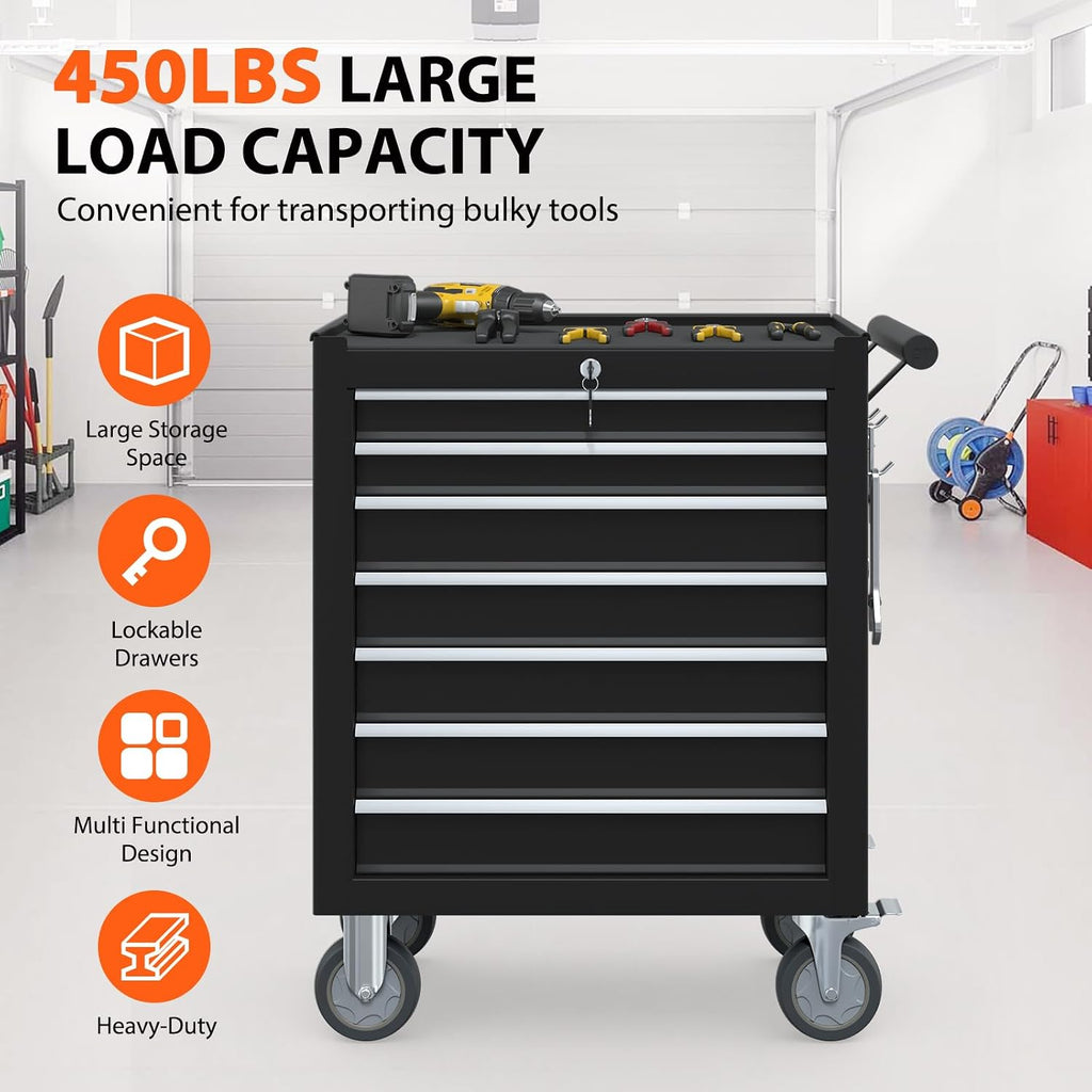 Heavy Duty Rolling Tool Box, 7 Drawer Tool Chest with Detachable Storage, Mobile Tool Cabinet on 4 Wheels for Garage, Workshop, Mechanics & Repair Room (Black)