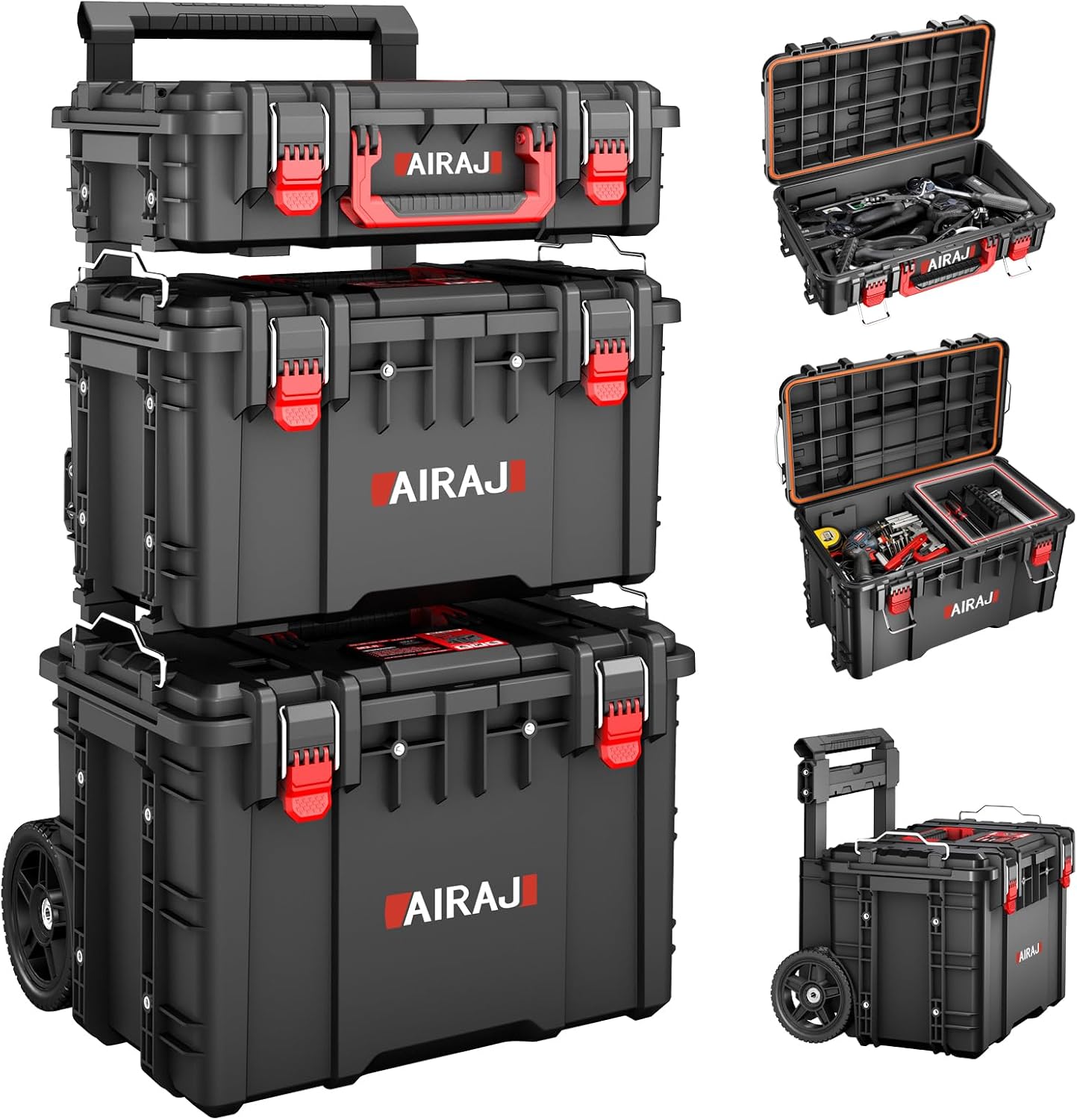 Rolling Tool Box with Wheels Heavy Duty,Modular Stackable Tool Box Organizer,Waterproof Toolbox for Hand/Power Tools,Removable Divider/Parts Box,All-terrain Durable Wheels,Telescopic Pull Rod Handle