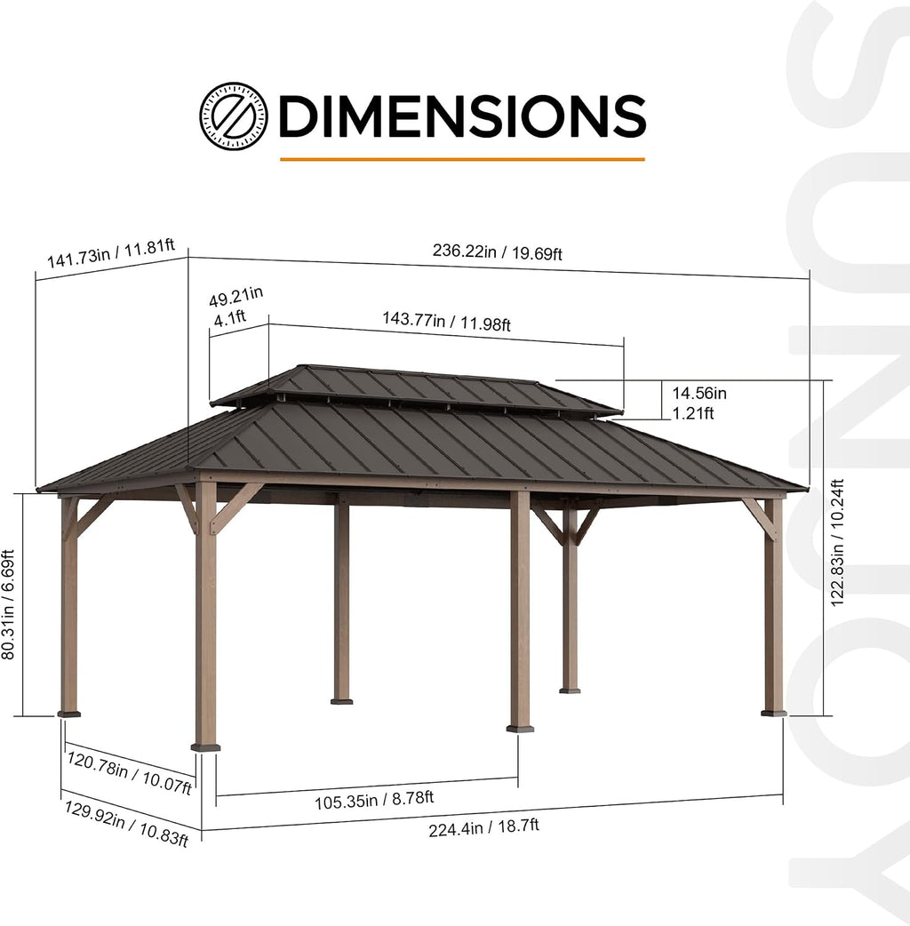 SUNJOY 12 x 20 ft. Wood Gazebo, Outdoor Patio Cedar Framed Wooden Hardtop Gazebo with 2-Tier Metal Roof, Suitable for Patios, Lawn, and Backyard, Dark Brown Roof + Dark Wood Frame