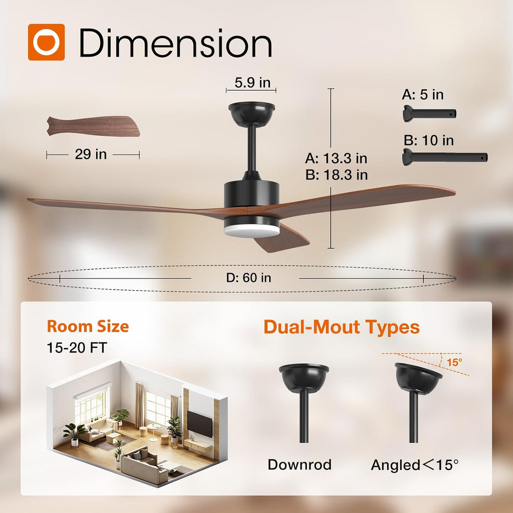 addlon 60 inch Ceiling Fans with Lights and Remote Control, Reversible, 3 Wood Blades, 6 Speeds, 3CCT Dimmable, Noiseless, Indoor/Outdoor Black Walnut Ceiling Fan for Bedroom Living Room Gazebo Patio