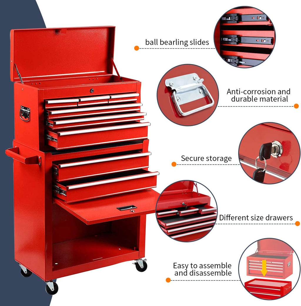8-Drawer High Capacity Rolling Tool Chest, Removable Cabinet Storage Tool Box with Wheels and Drawers, Detachable Toolbox with Lock for Workshop Mechanics Garage