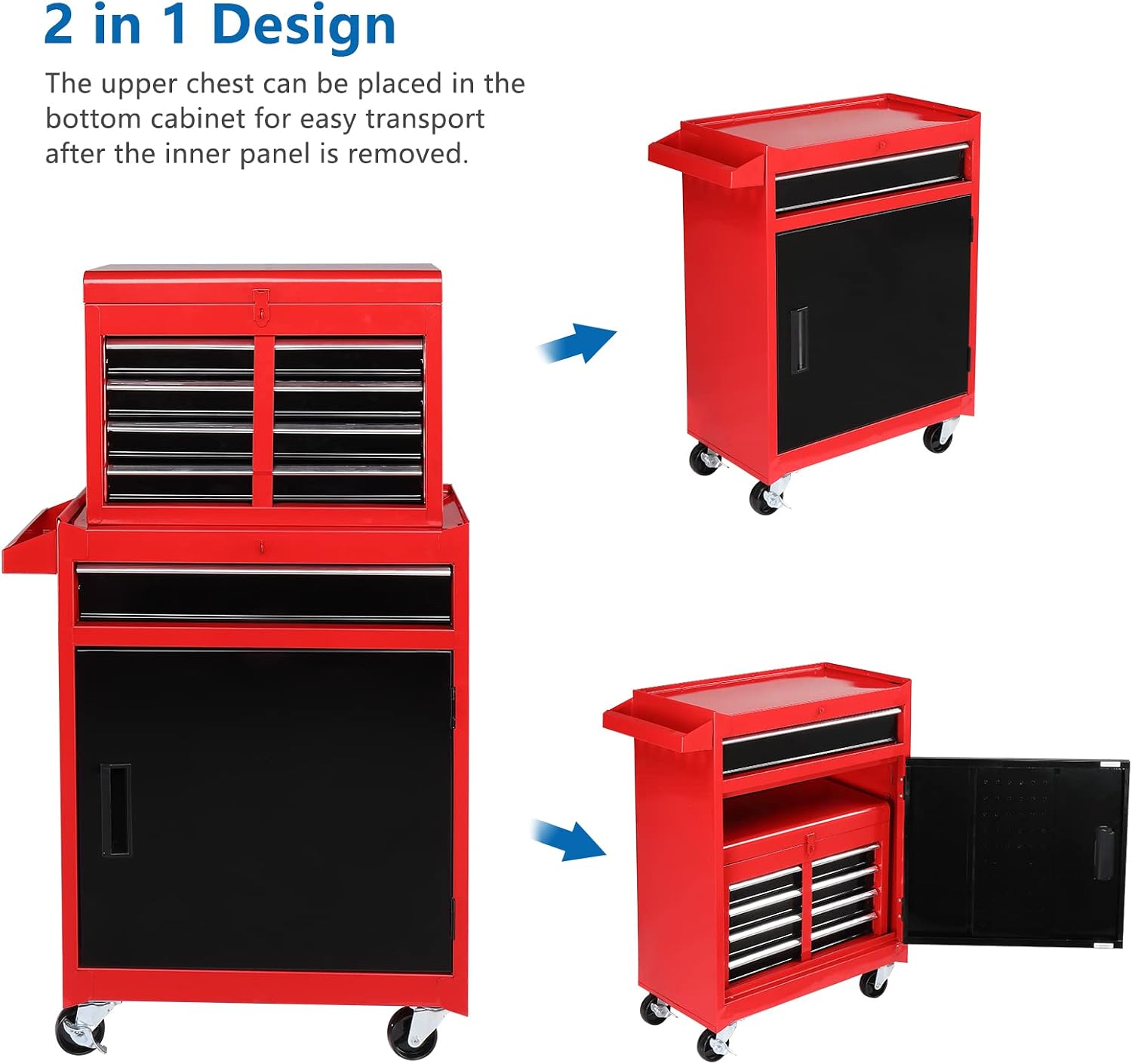 TUFFIOM 5-Drawer Rolling Tool Chest, Tool Storage Cabinet w/Drawers, Lockable Wheels, Detachable Top & Adjustable Shelf, Mechanic Tool Organizer Box for Garage, Workshop, Warehouse & Repair Shop