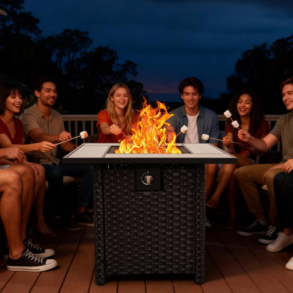 50000 BTU Brown Wicker Gas Fire Pit Outdoor Fire Pit Table 30 Inch Fire Pits for Outside with Woodgrain Marble Tabletop Fire Pit Cover and Blue Crystal Beads