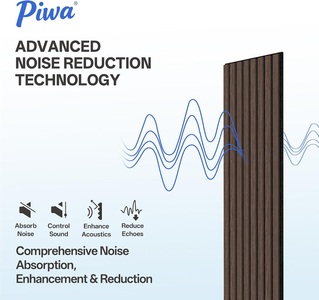 PIWA Acoustic Wall Panels 94' x 12' 4 Pack, Wood Panels for Wall Sound Dampening Slat Paneling with MDF Surface and Sound-Absorbing Core for Interior Decor, Home, Office and Gaming Room (Dark Walnut)