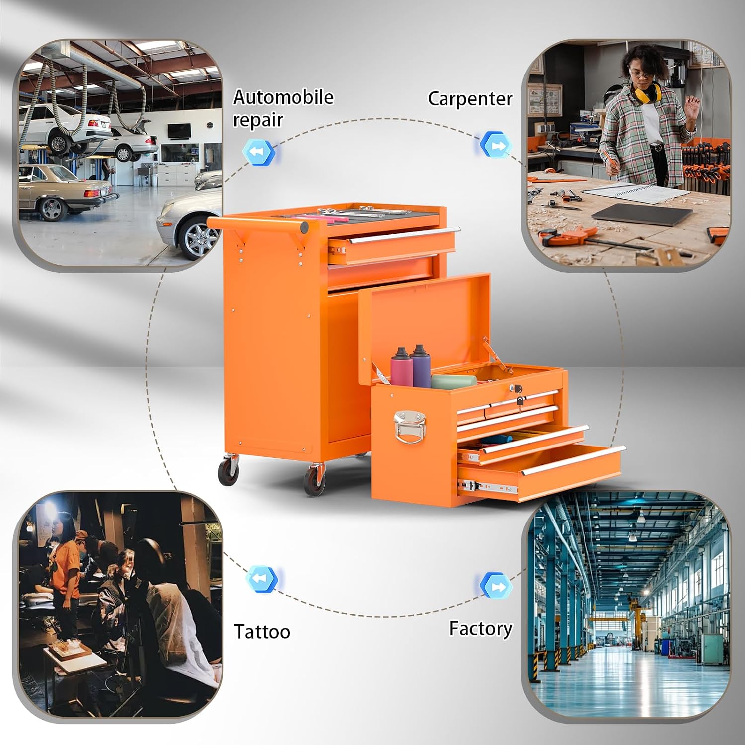 8-Drawer Rolling Tool Chest with Wheels, 2-in-1 Detachable Tool Box with Drawers and Large Cabinet, Rolling Tool Chest Storage Cabinet with Lockable for Warehouse, Garage, Workshop (Orange)