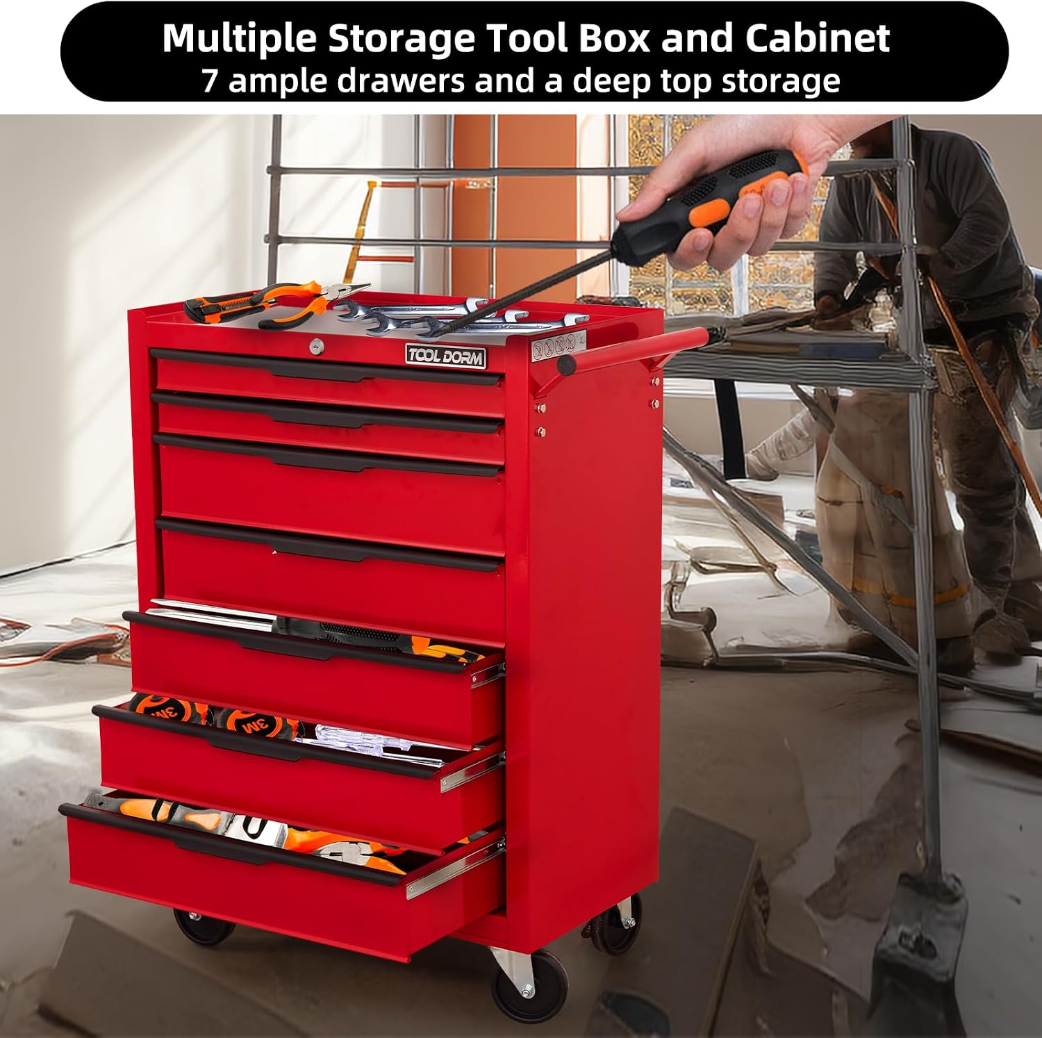 7-Drawer Rolling Tool Chest Cabinet, Large Capacity Metal Tool Box with Wheels and Keyed Locking, Roll Around Storage Organizer Tool Cart for Garage, Warehouse, Work Shop - Red