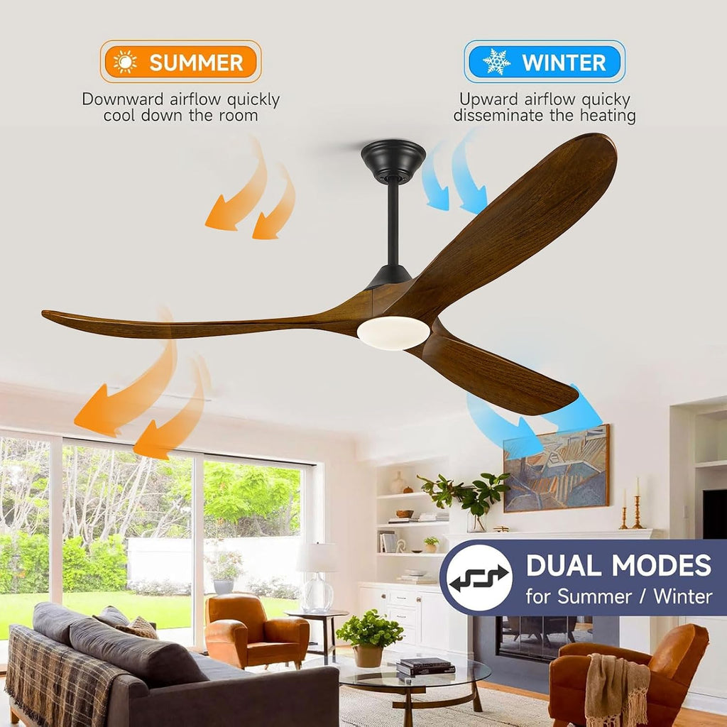 60 Inch Ceiling Fan with Light and Remote, Indoor Outdoor for Patio Gazebo Living Room - Rustic Farmhouse Style, Quiet 6-Speed Reversible DC Motor High CFM, 3 Wood Blades Dimmable with 3 Downrods