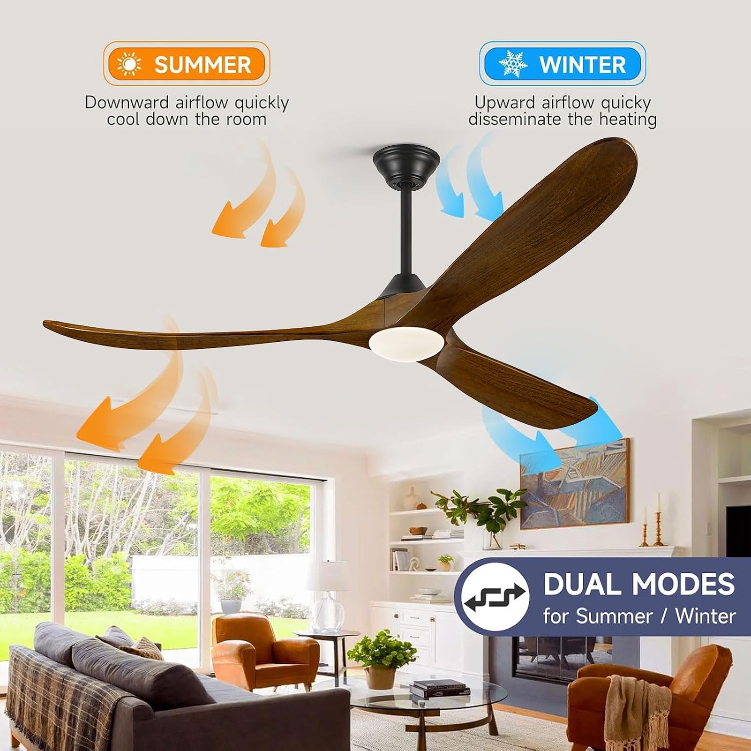 60 Inch Ceiling Fan with Light and Remote, Indoor Outdoor for Patio Gazebo Living Room - Rustic Farmhouse Style, Quiet 6-Speed Reversible DC Motor High CFM, 3 Wood Blades Dimmable with 3 Downrods