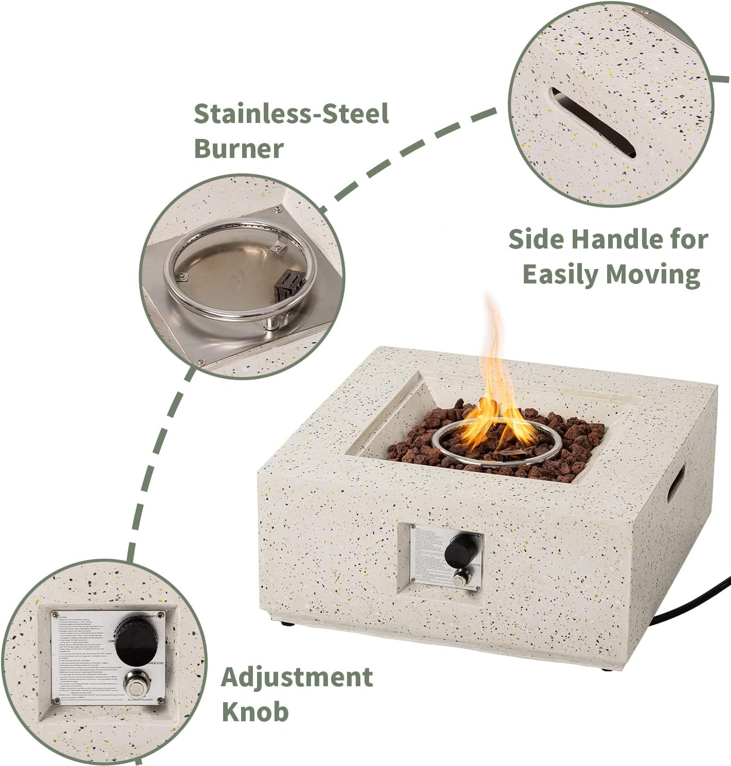 COSIEST Outdoor Propane Fire Pit Coffee Table, 28-inch Terrazzo Square Base Patio Heater w Certified, 40,000 BTU Stainless Steel Burner, Free Lava Rocks and Rain Cover