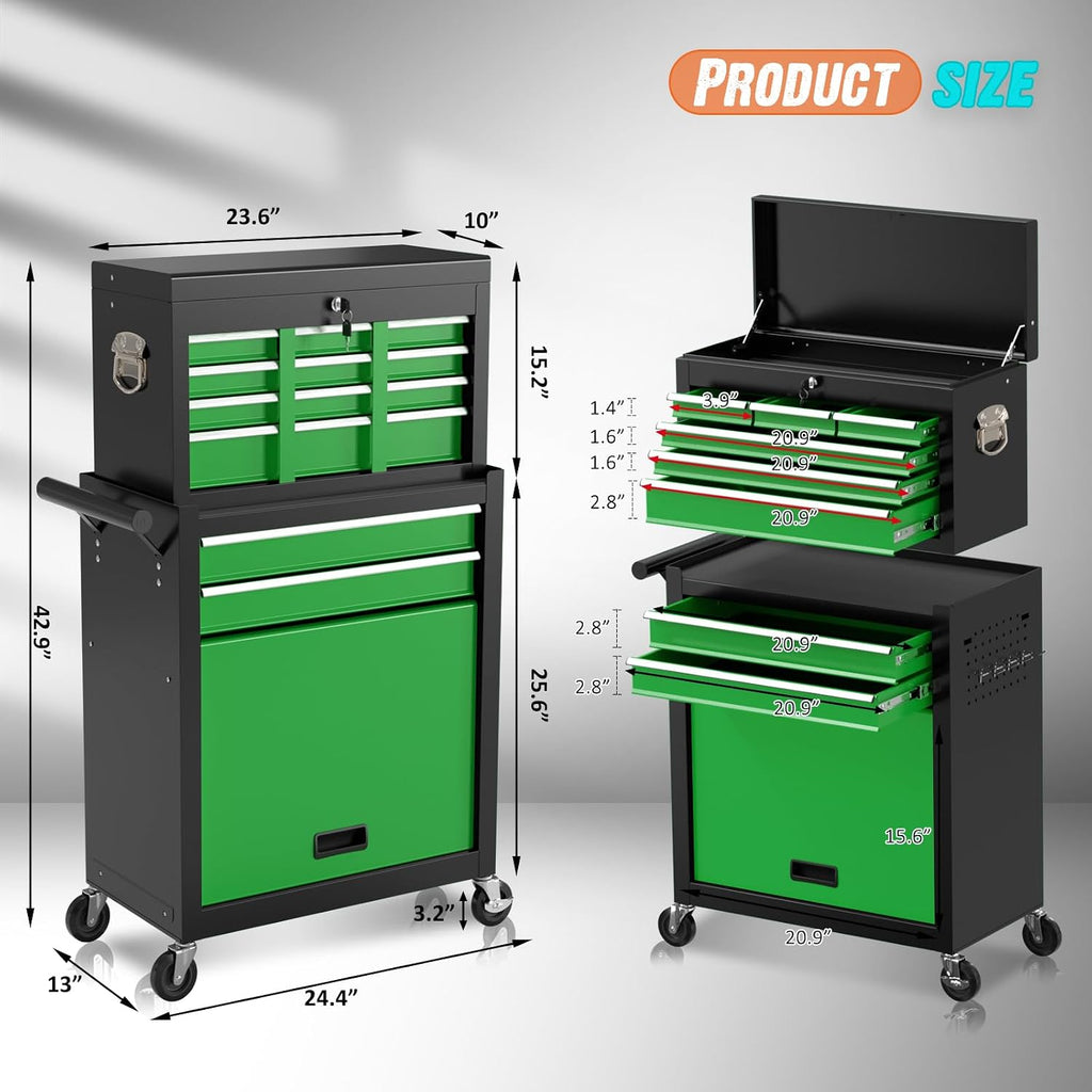 8-Drawer Rolling Tool Chest with Wheels, 2-in-1 Detachable Tool Box with Drawers and Large Cabinet, Rolling Tool Chest Storage Cabinet with Lockable for Warehouse, Garage, Workshop (BlackGreen)