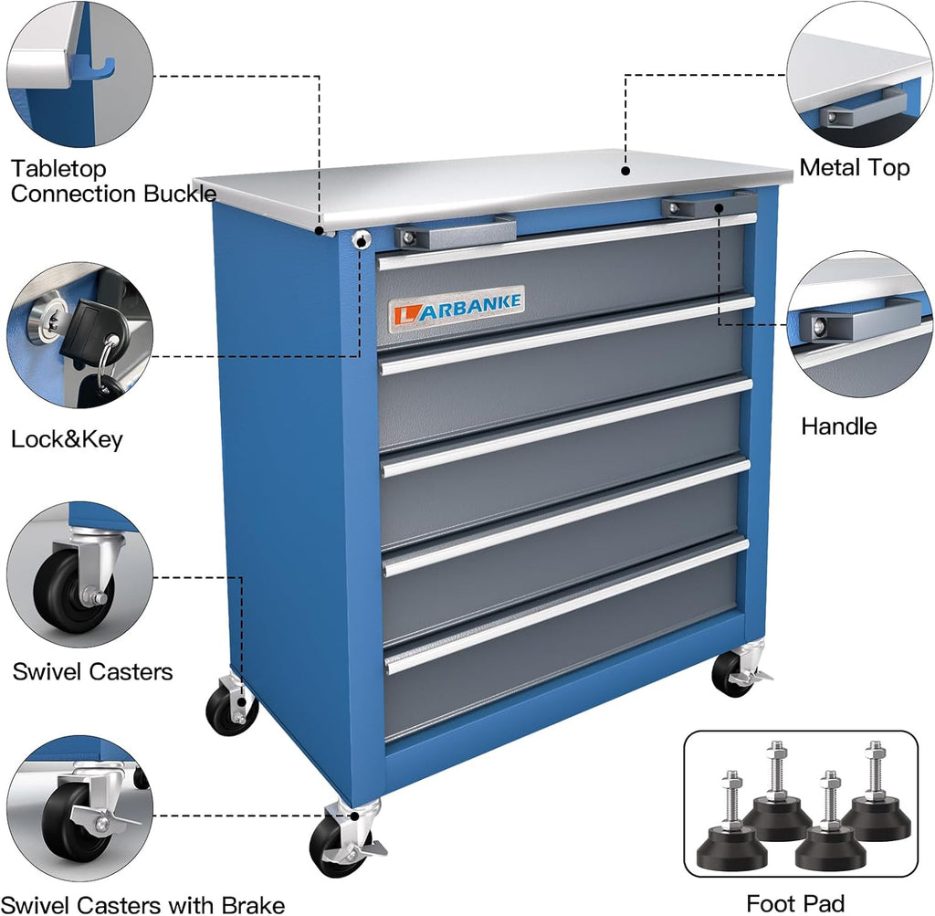 LARBANKE 5-Drawer Rolling Tool Chest,Locking Metal Tool Cabinet with Drawer Liners,Non-Slip Pearl Cotton Mat,360° Wheels for Easy Move,Can be Used in Combination with The Seven-Drawer Tool Cabinet