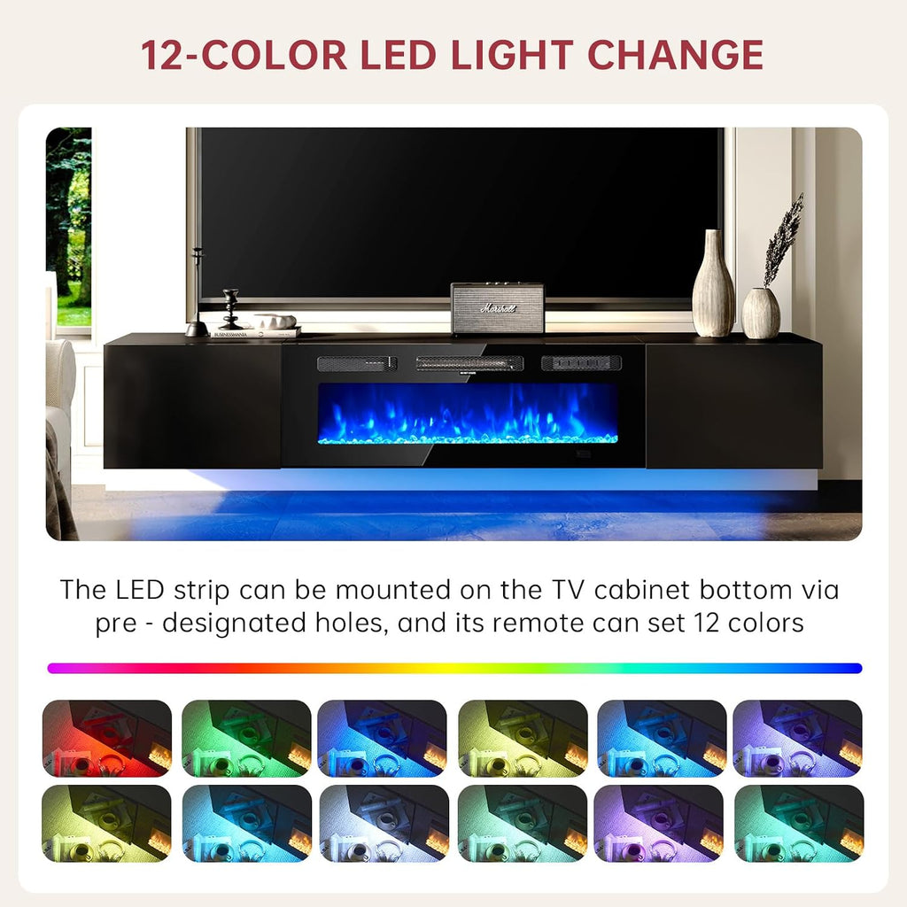oneinmil 70' Floating TV Stand with 36' Electric Fireplace, Wall Mounted Fireplace Entertainment Center with Storage, Fire Place TV Console for Living Room, All Black