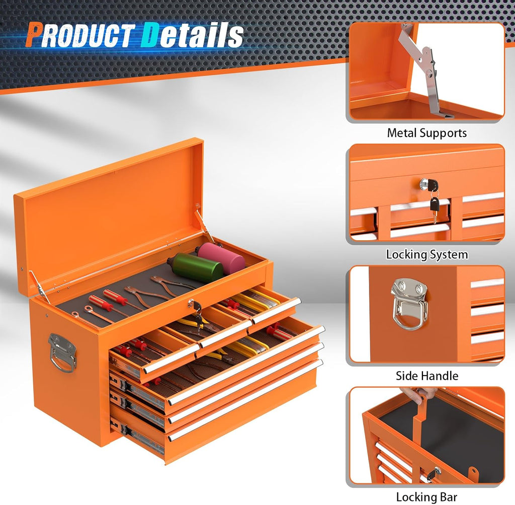 8-Drawer Rolling Tool Chest with Wheels, 2-in-1 Detachable Tool Box with Drawers and Large Cabinet, Rolling Tool Chest Storage Cabinet with Lockable for Warehouse, Garage, Workshop (Orange)