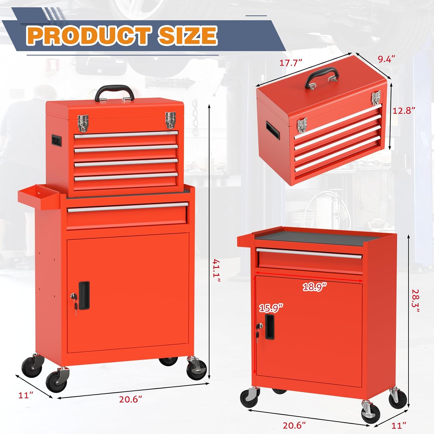 Tool Chest, 5-Drawer Rolling Tool Chest with Detachable Top Tool Box, Tool Box with Wheels, Tool Storage Cabinet for Garage Warehouse Workshop (Red)